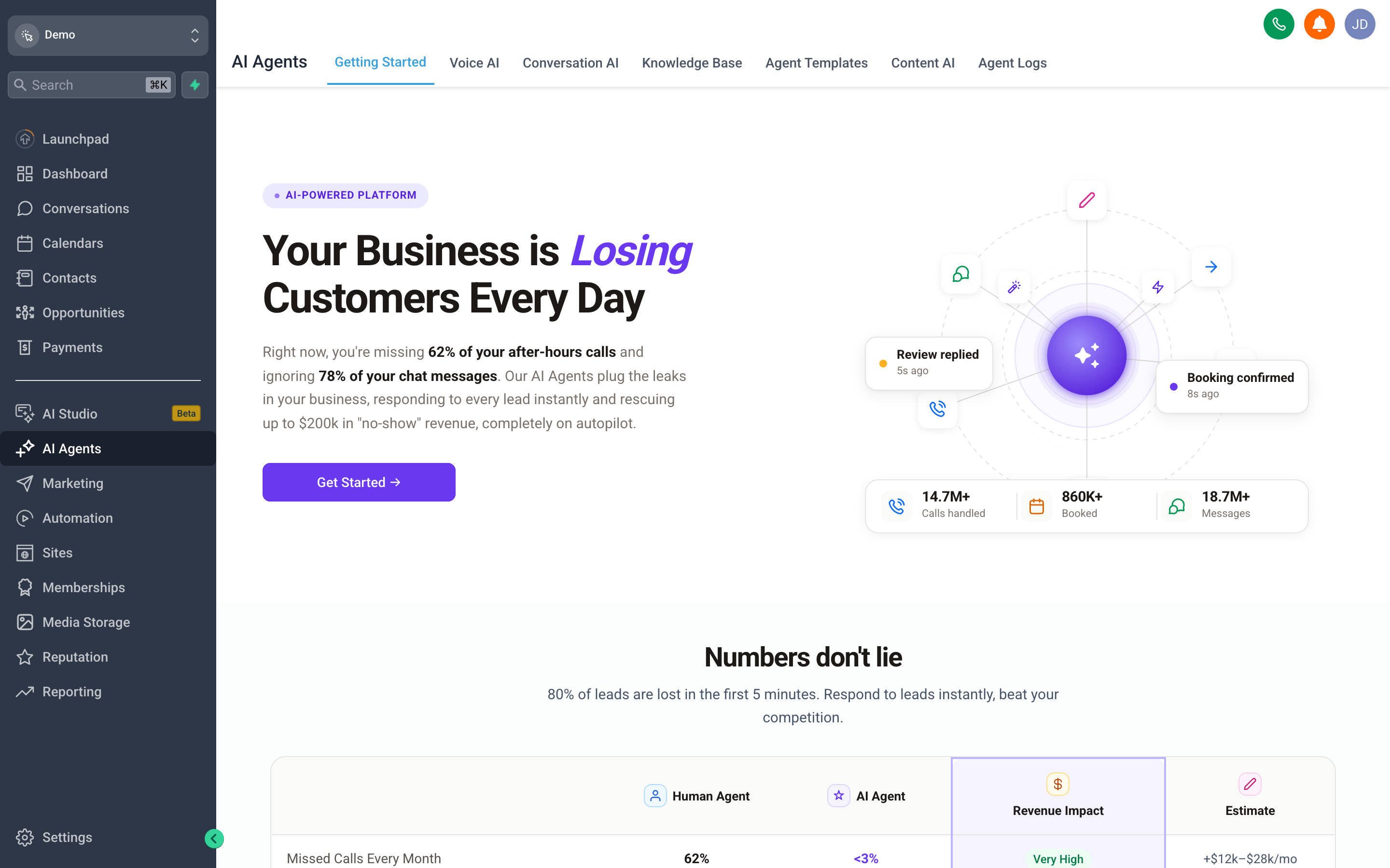 The AI Agents overview screen showing Conversation AI and Voice AI options with their configuration status