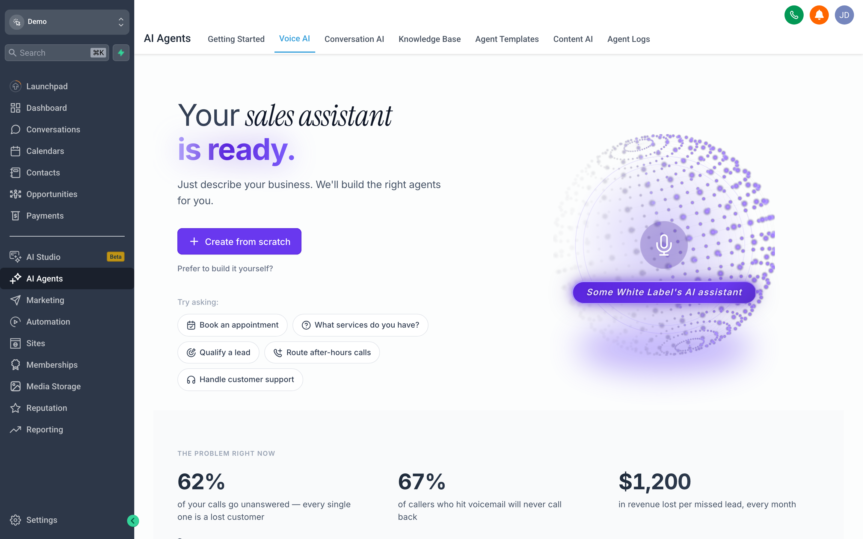 The Voice AI configuration screen showing the voice selection, call flow, and appointment booking settings