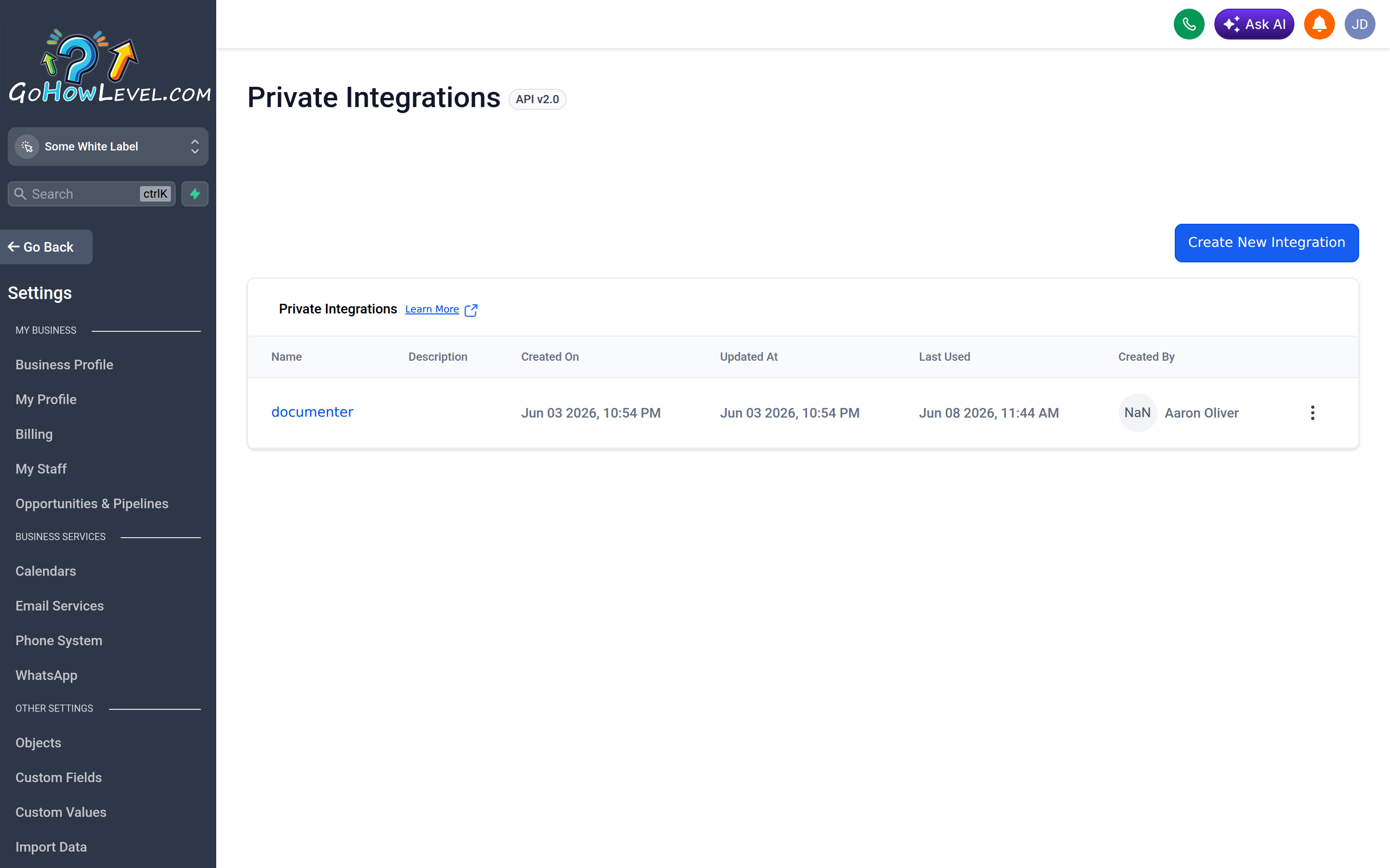 The Private Integrations screen in Settings for creating scoped API tokens