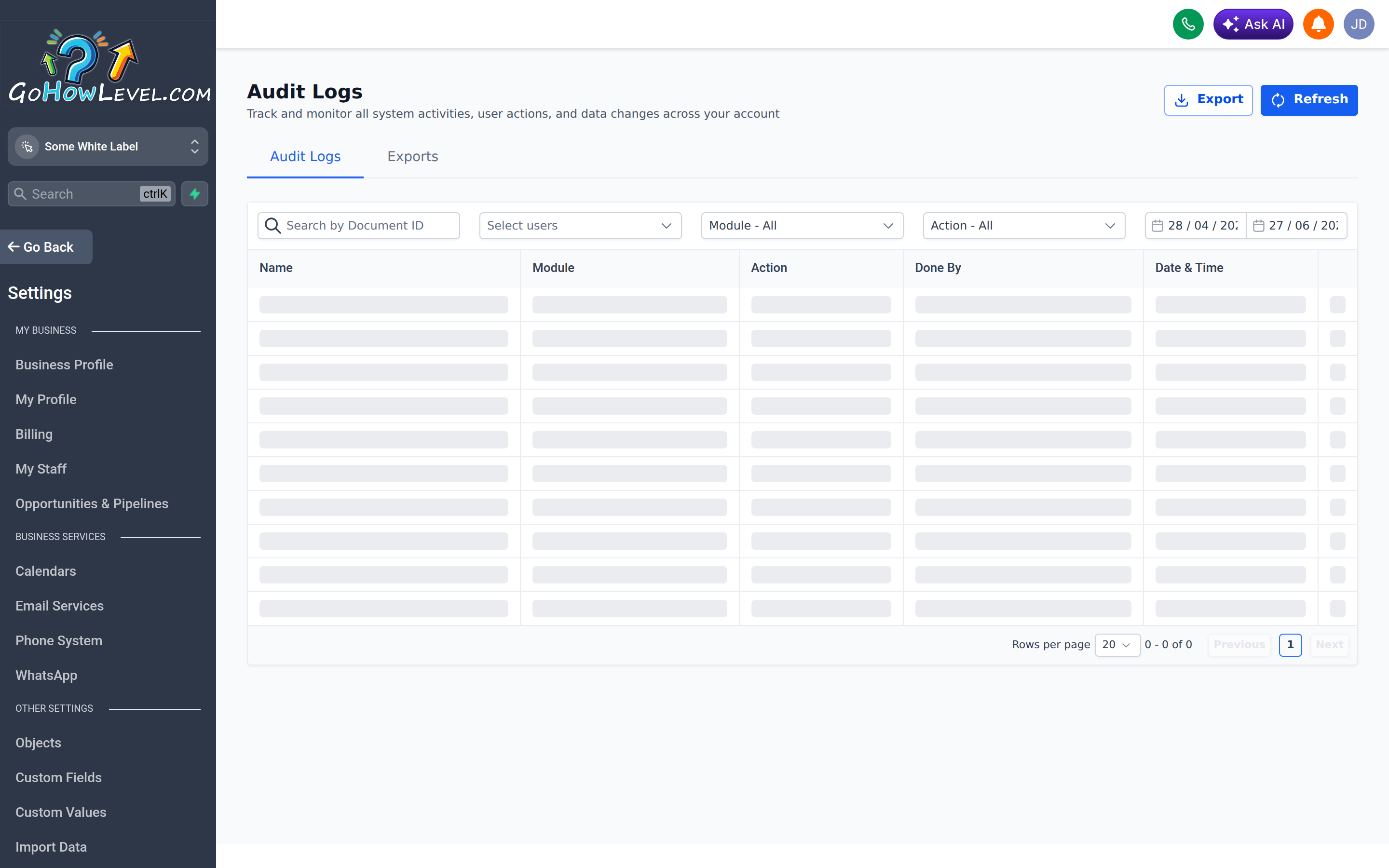 The Audit Logs screen listing user actions with who, what, and when