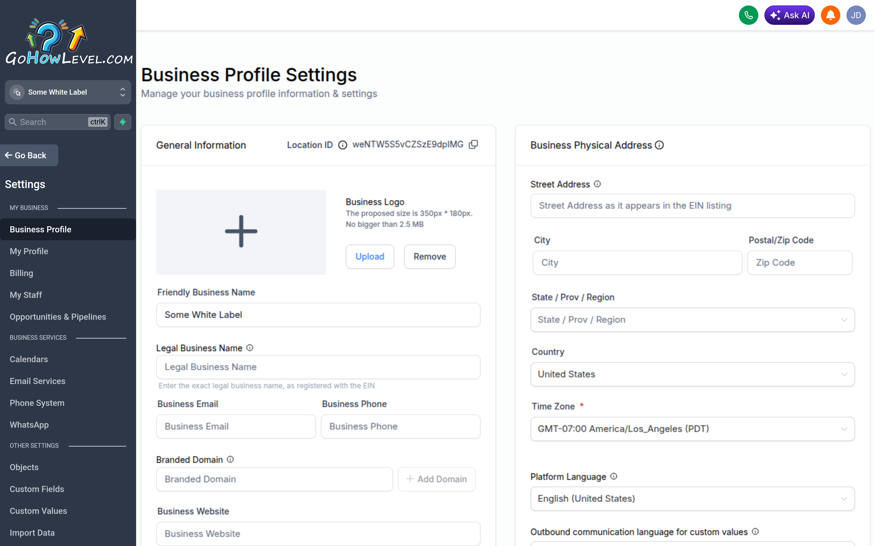 The Business Profile Settings screen showing business name, logo, contact, address, and timezone fields