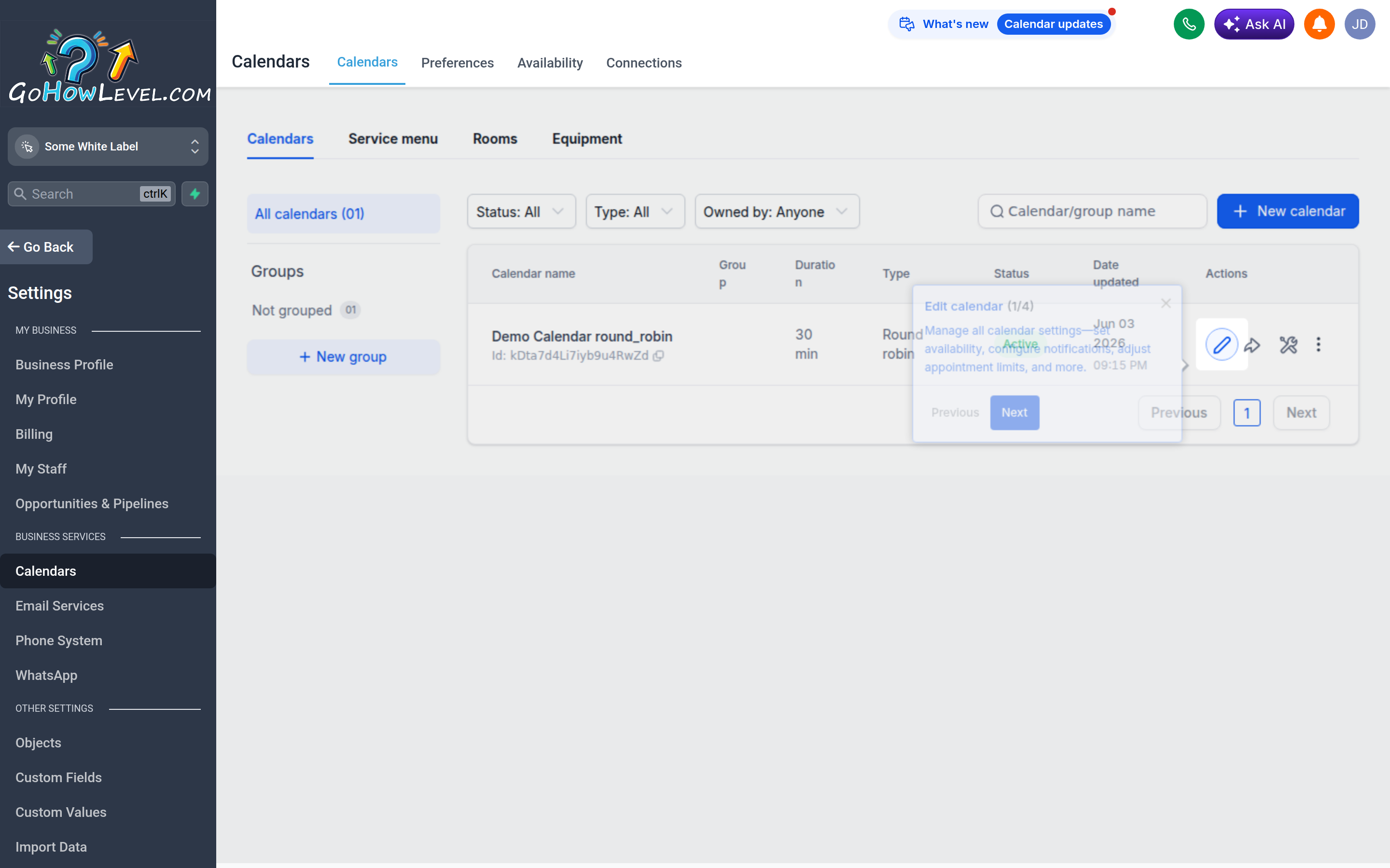 The account-level calendar settings screen