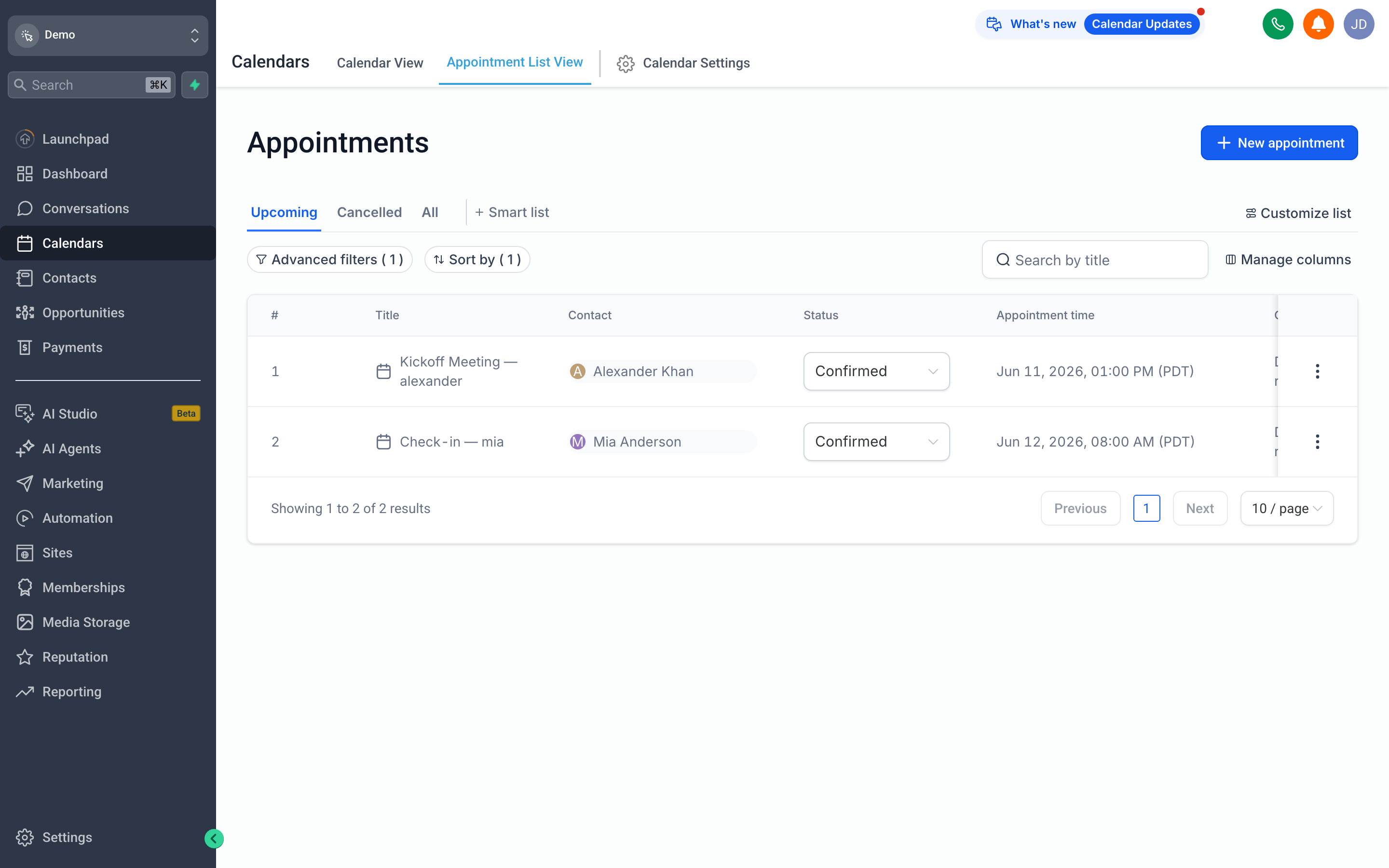 The SomeWhiteLabel.com Appointments list showing a sortable table of bookings with columns for contact name, date, calendar, and status