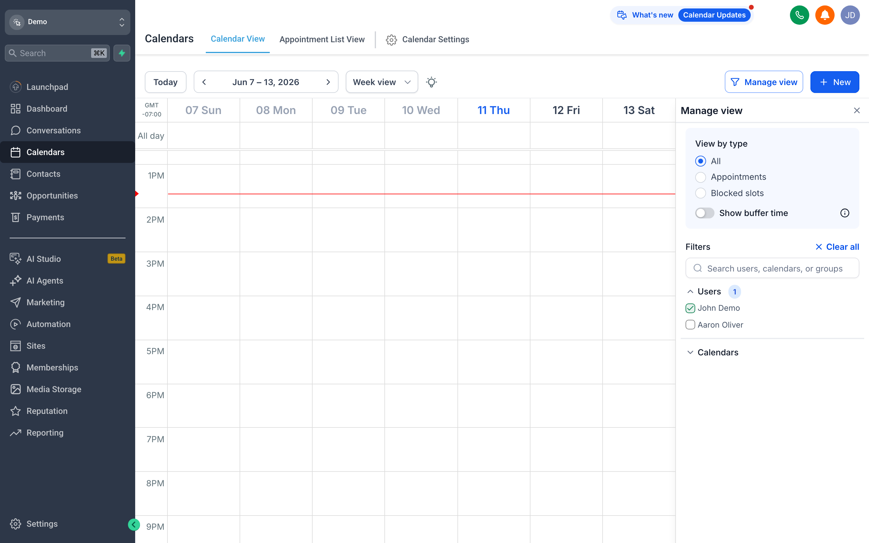 The SomeWhiteLabel.com Calendars view showing a weekly calendar grid with color-coded appointment blocks