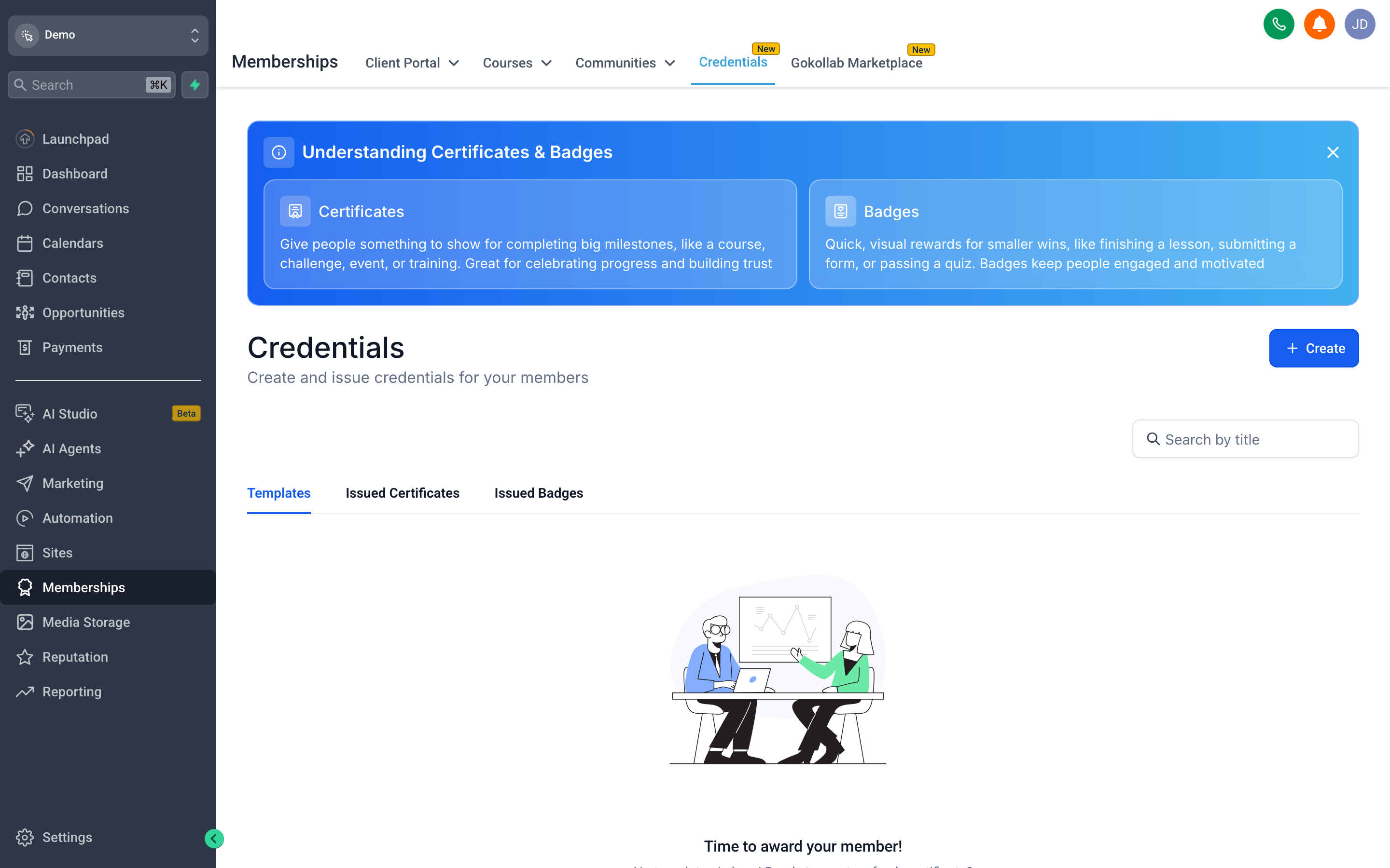The Certificate builder showing a designed completion certificate with a student's name, course title, completion date, and a signature field, with customization options in the right panel