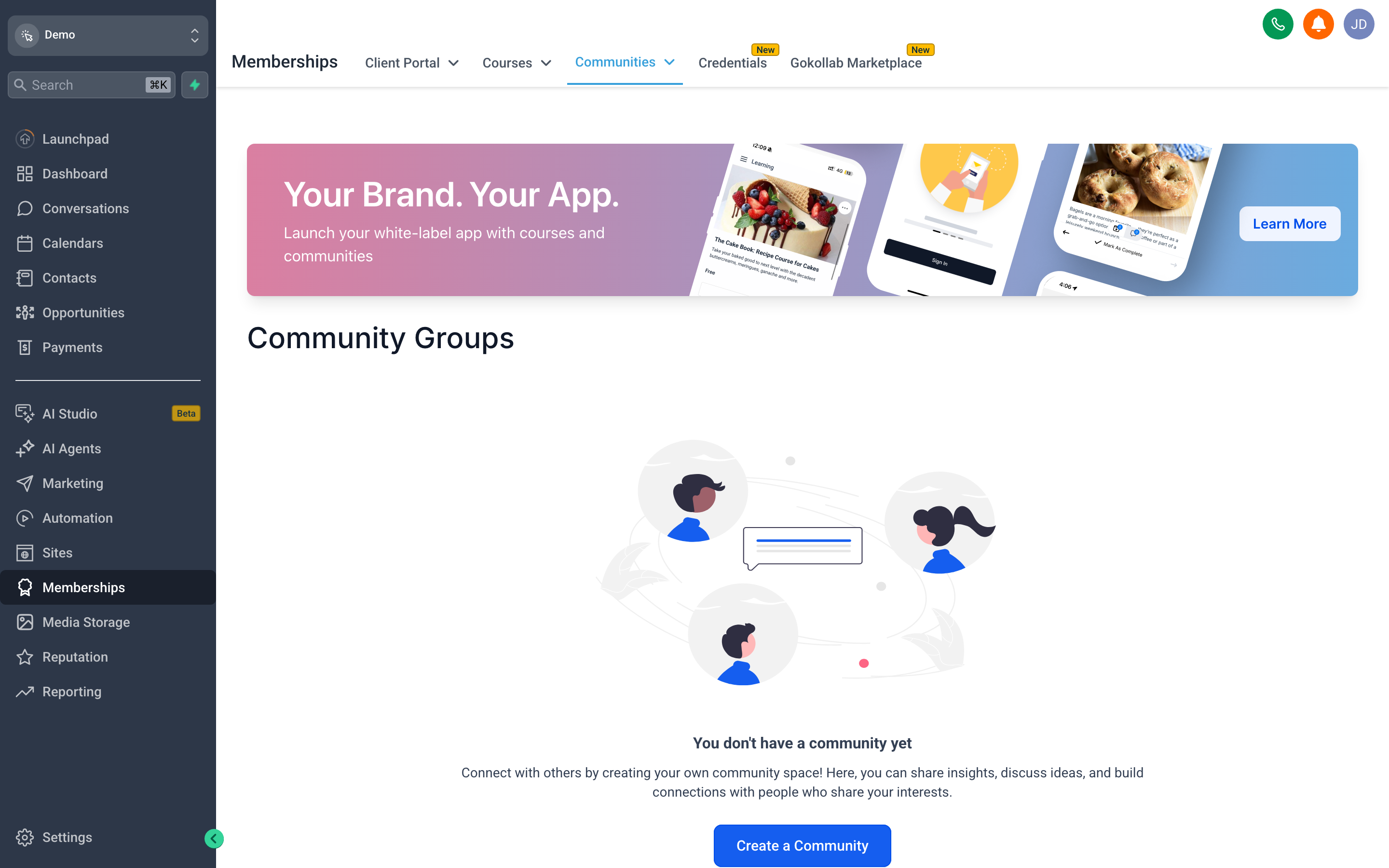 The Communities interface showing a branded group space with a feed of posts, a members list sidebar, and navigation tabs for channels, courses, and events