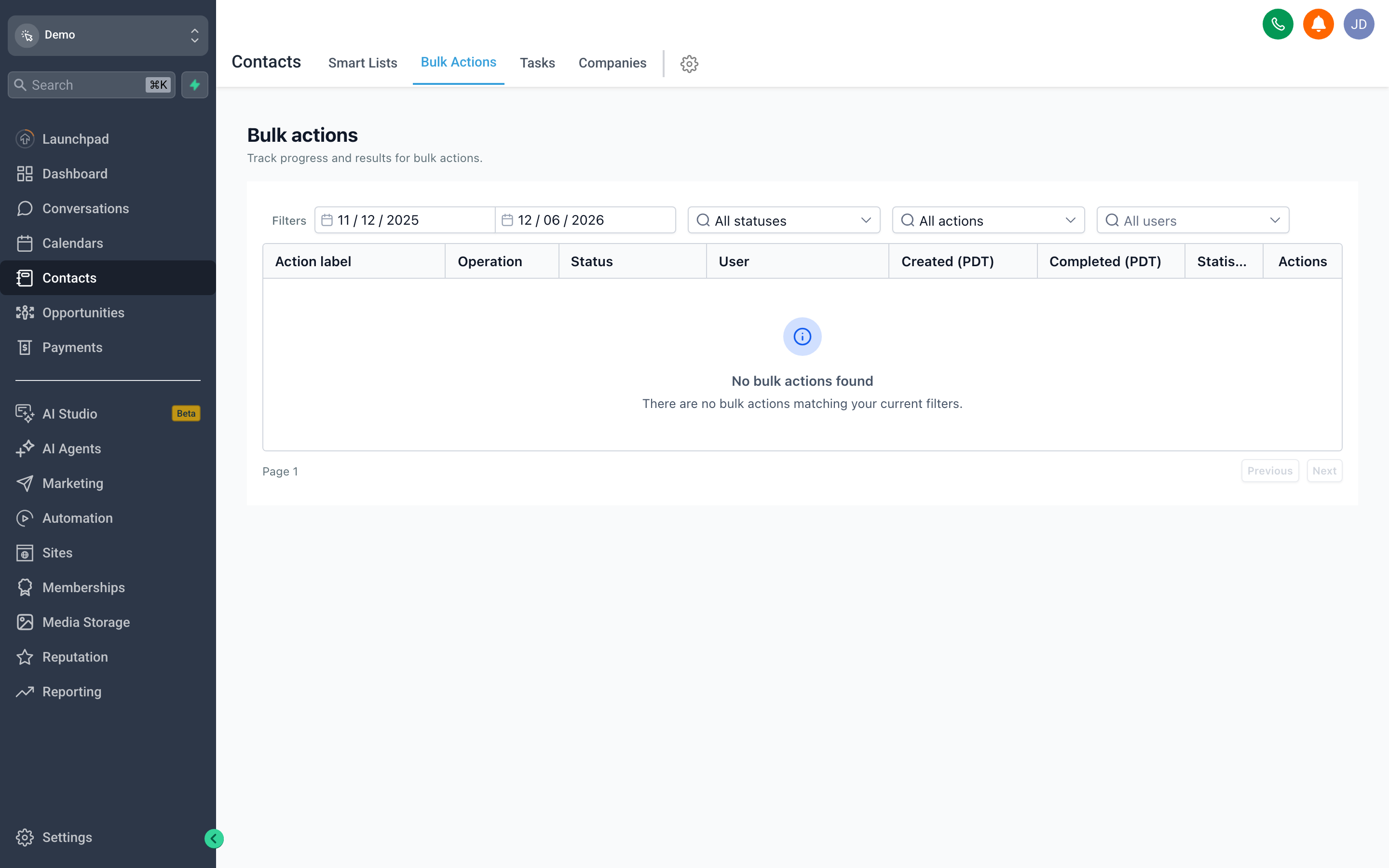 The Contacts list with multiple contacts selected via checkboxes, and the Bulk Actions menu open showing options to tag, export, add to workflow, or delete