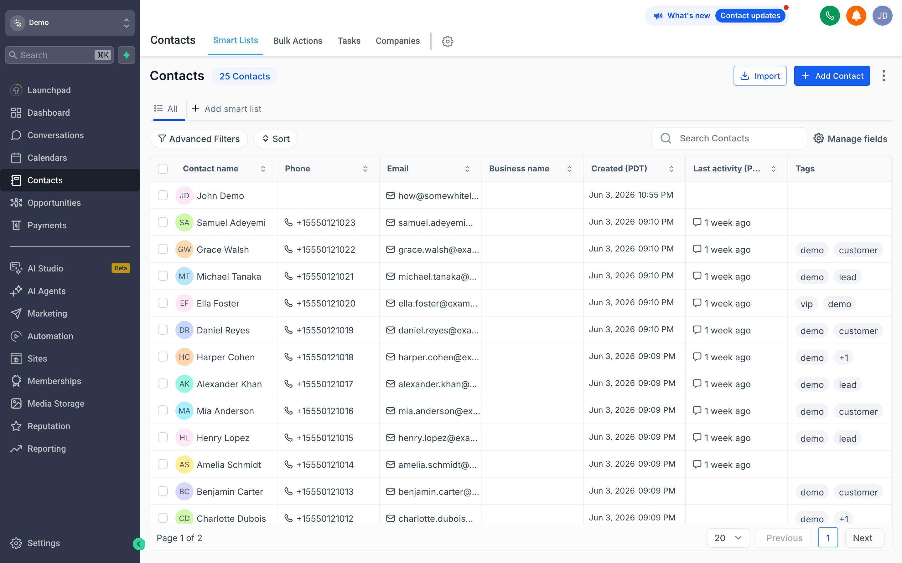 The Contacts list view showing a table of contacts with columns for name, phone, email, tags, and lead source