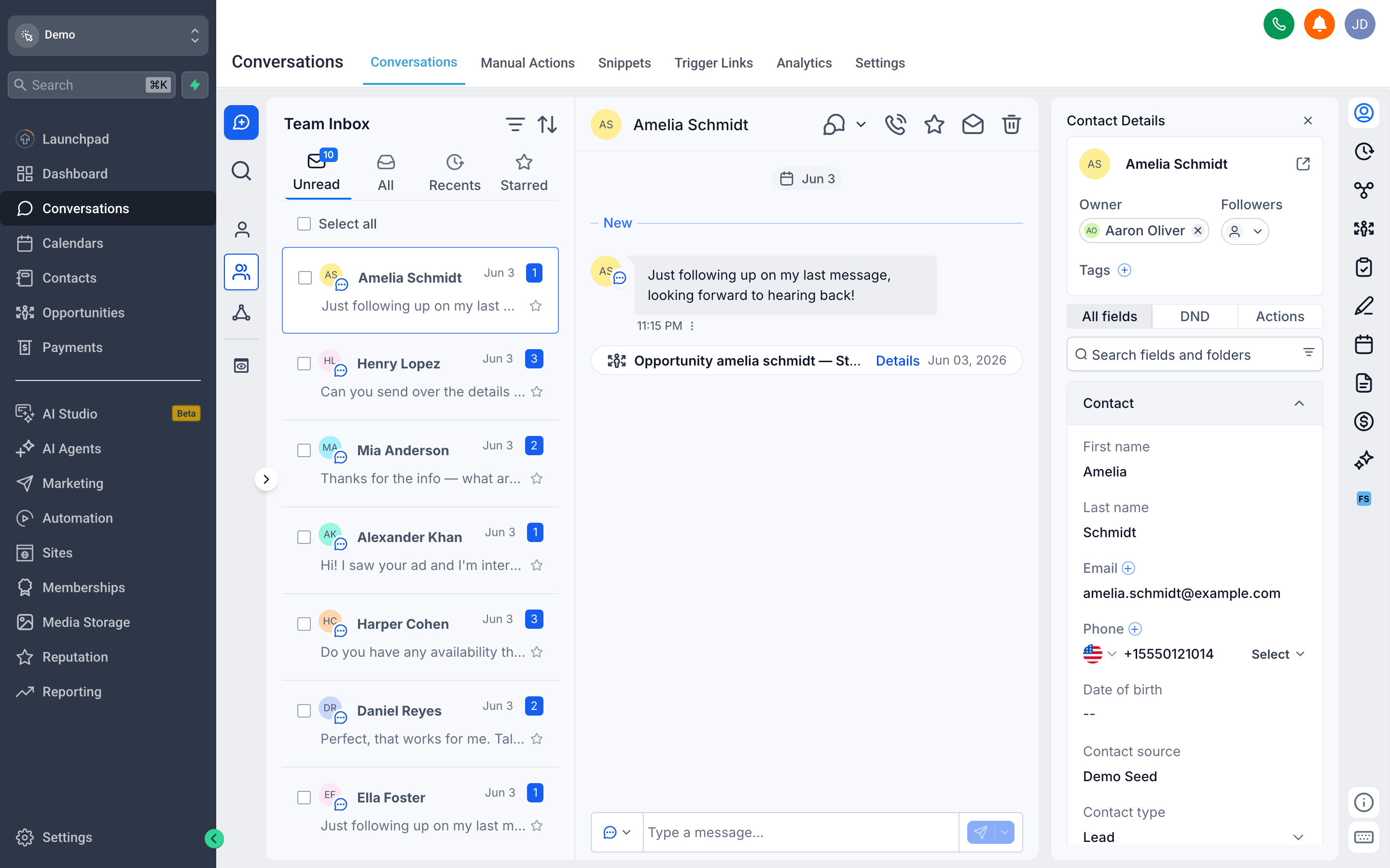 The Conversations inbox showing a list of message threads on the left and an open thread with a reply box on the right