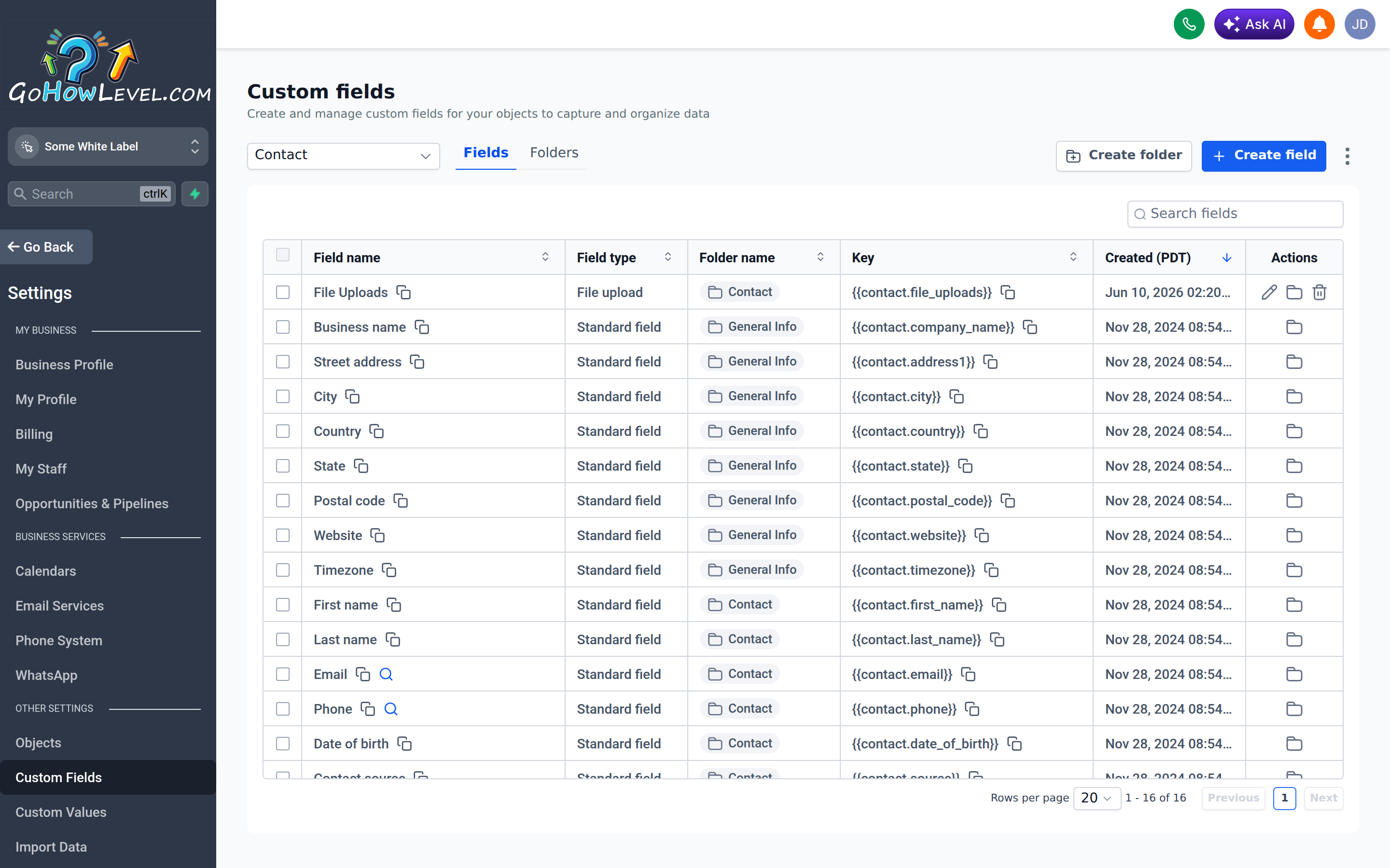 The Custom Fields screen in Settings, showing existing fields and the option to add a new field by type