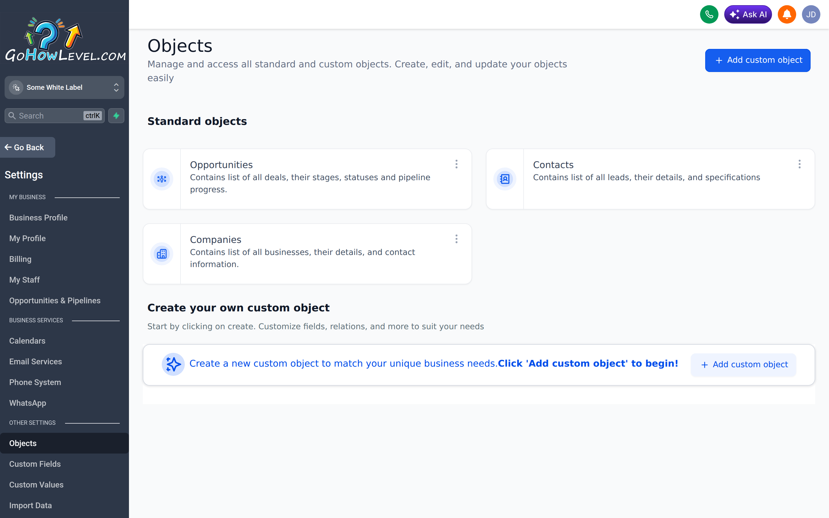 The Objects screen in Settings where custom record types are defined