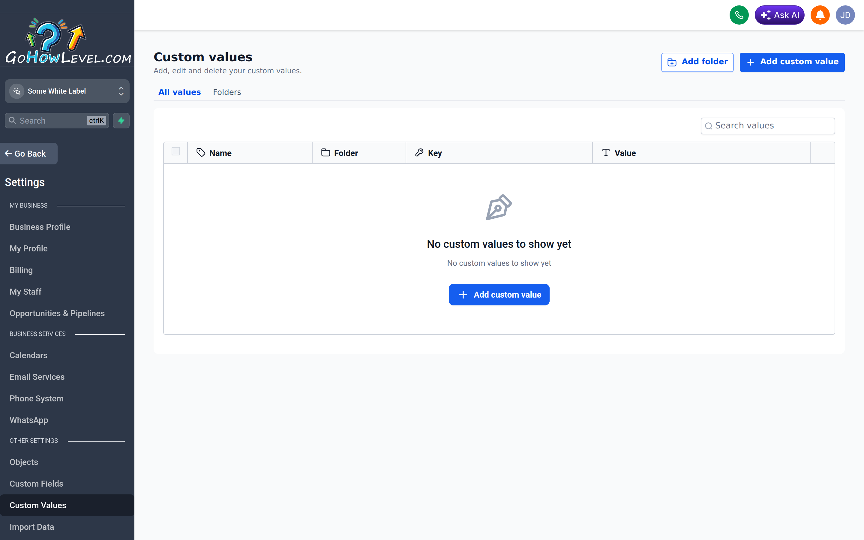 The Custom Values screen in Settings, listing account-wide values and their merge tokens