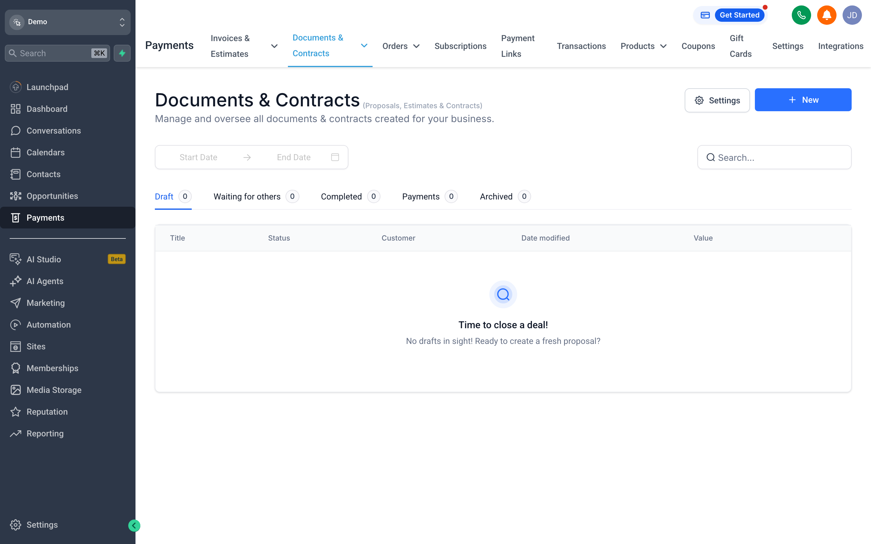 The Documents and Contracts screen showing a list of proposals and contracts with e-signature status