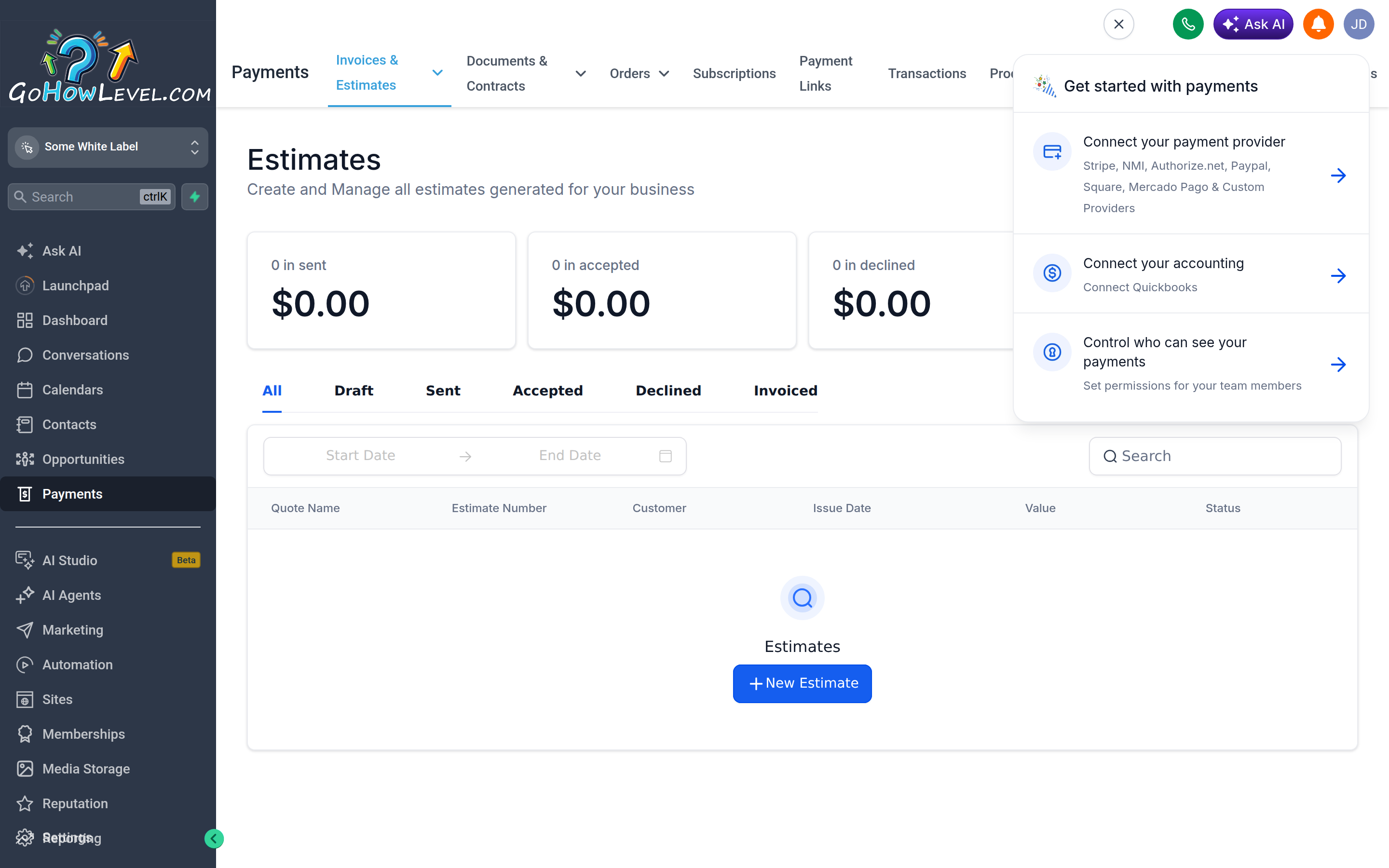 The Estimates screen under Payments with status tabs and a New Estimate button