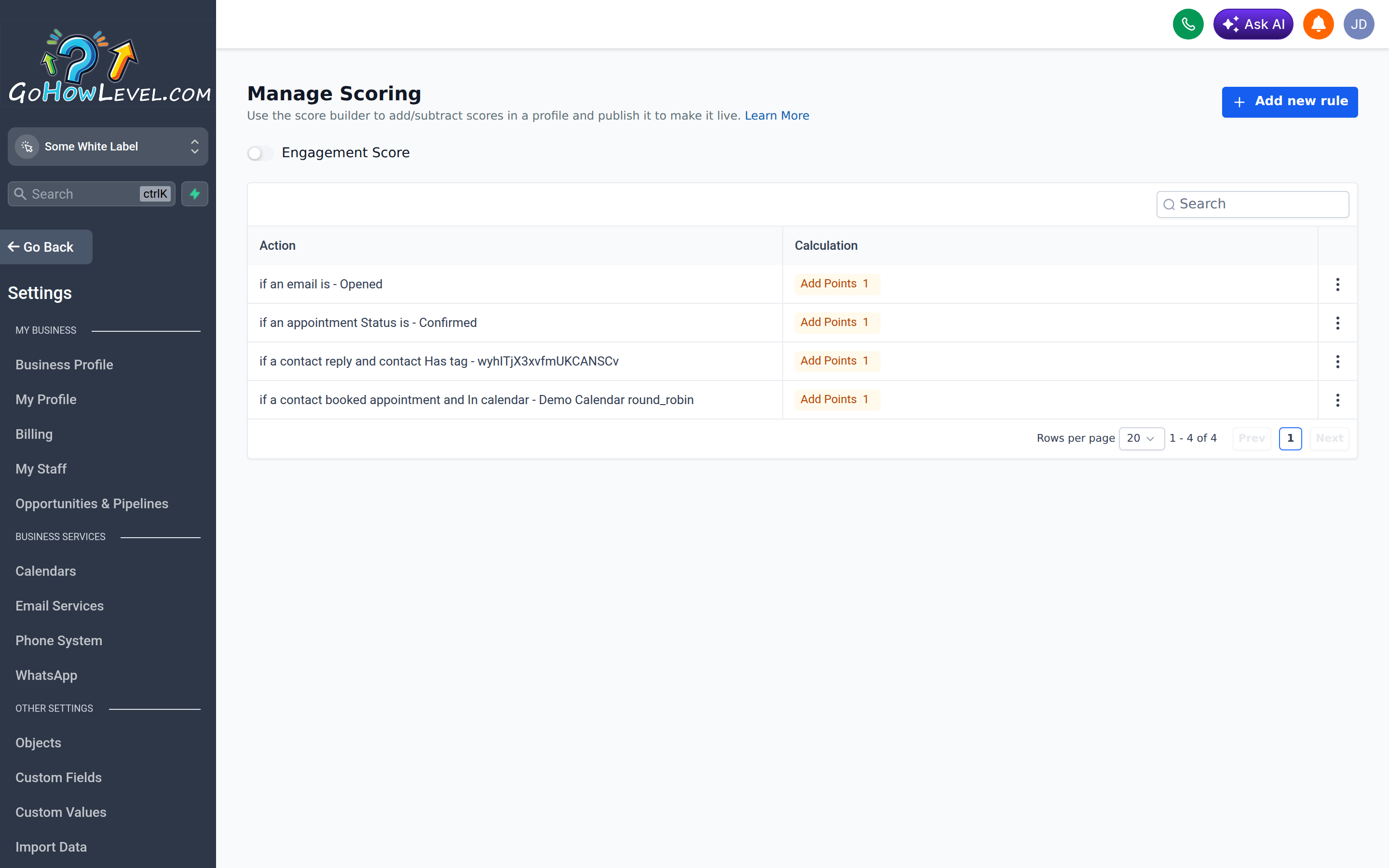 The Manage Scoring screen showing rules that add or subtract points for contact actions