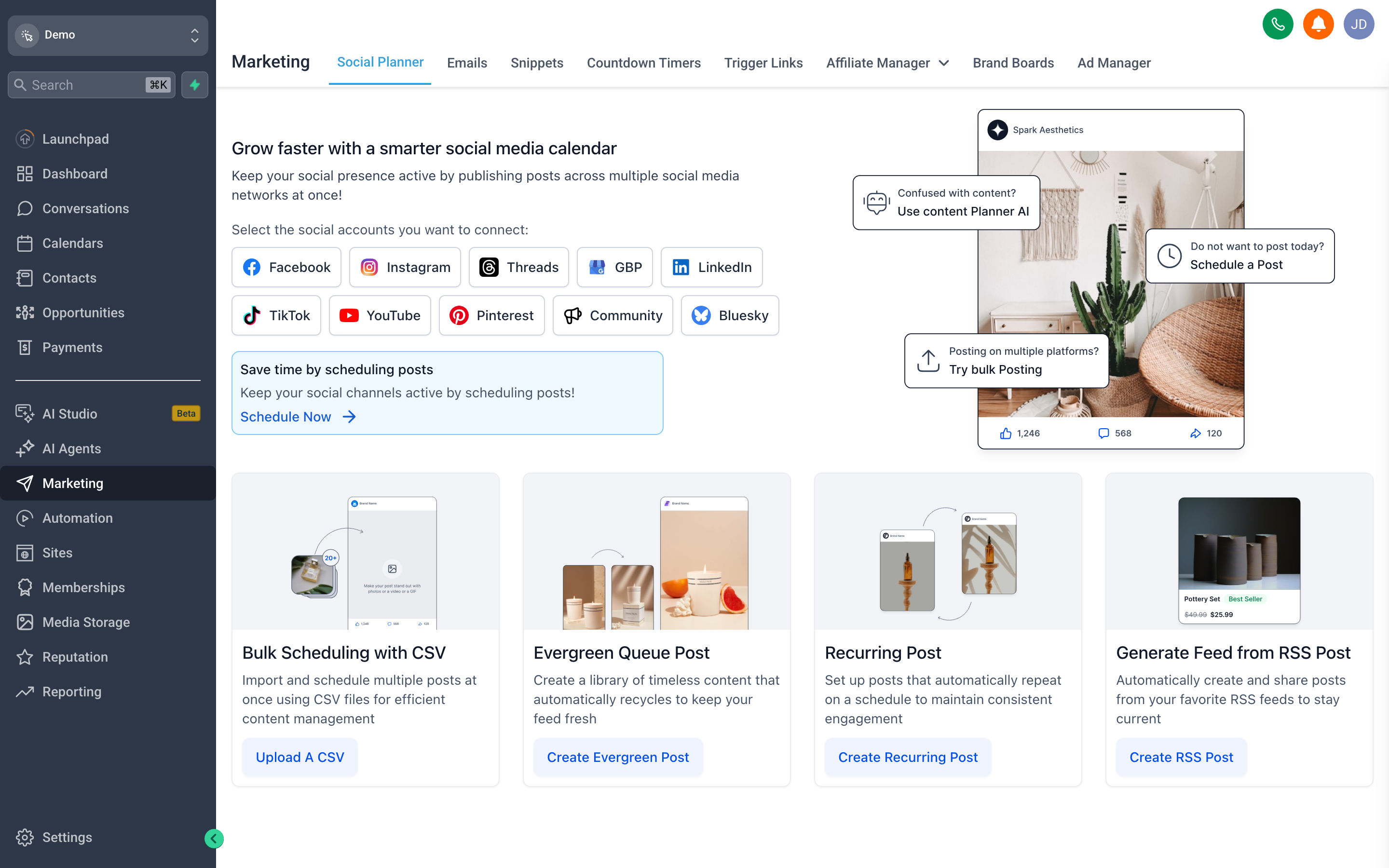 The Marketing section overview showing navigation links for Social Planner, Email Campaigns, Templates, Trigger Links, Affiliate Manager, and Brand Boards