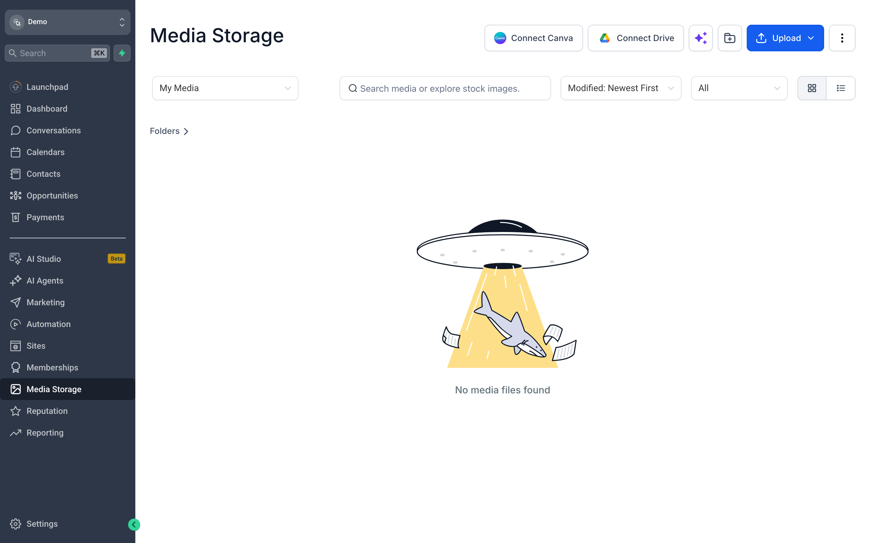 The Media Storage library showing a grid of uploaded images and videos organized into folders, with an upload button and search bar at the top