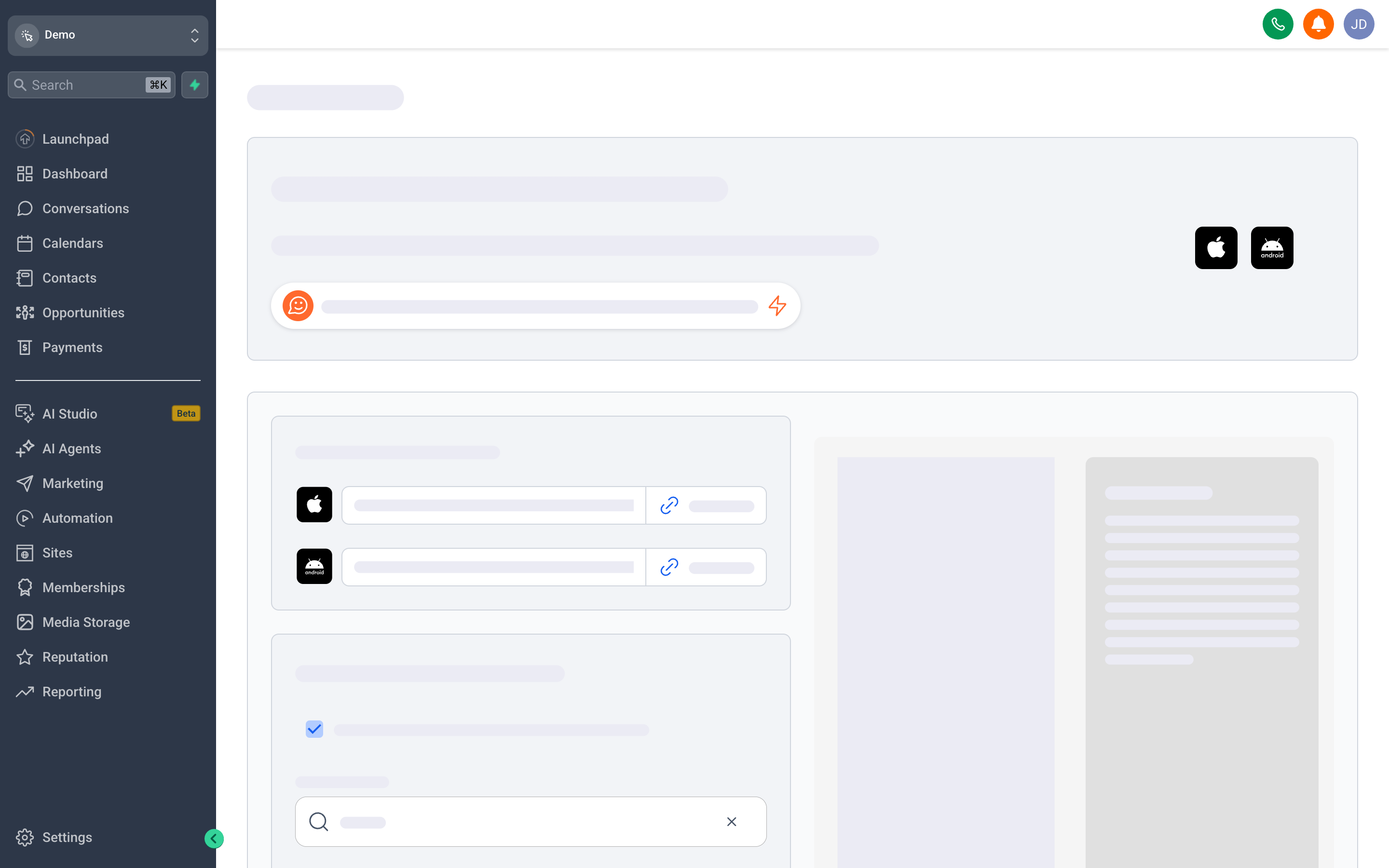 The mobile app home screen showing a conversations inbox, contact quick-actions, upcoming appointments, and a notification badge for new leads
