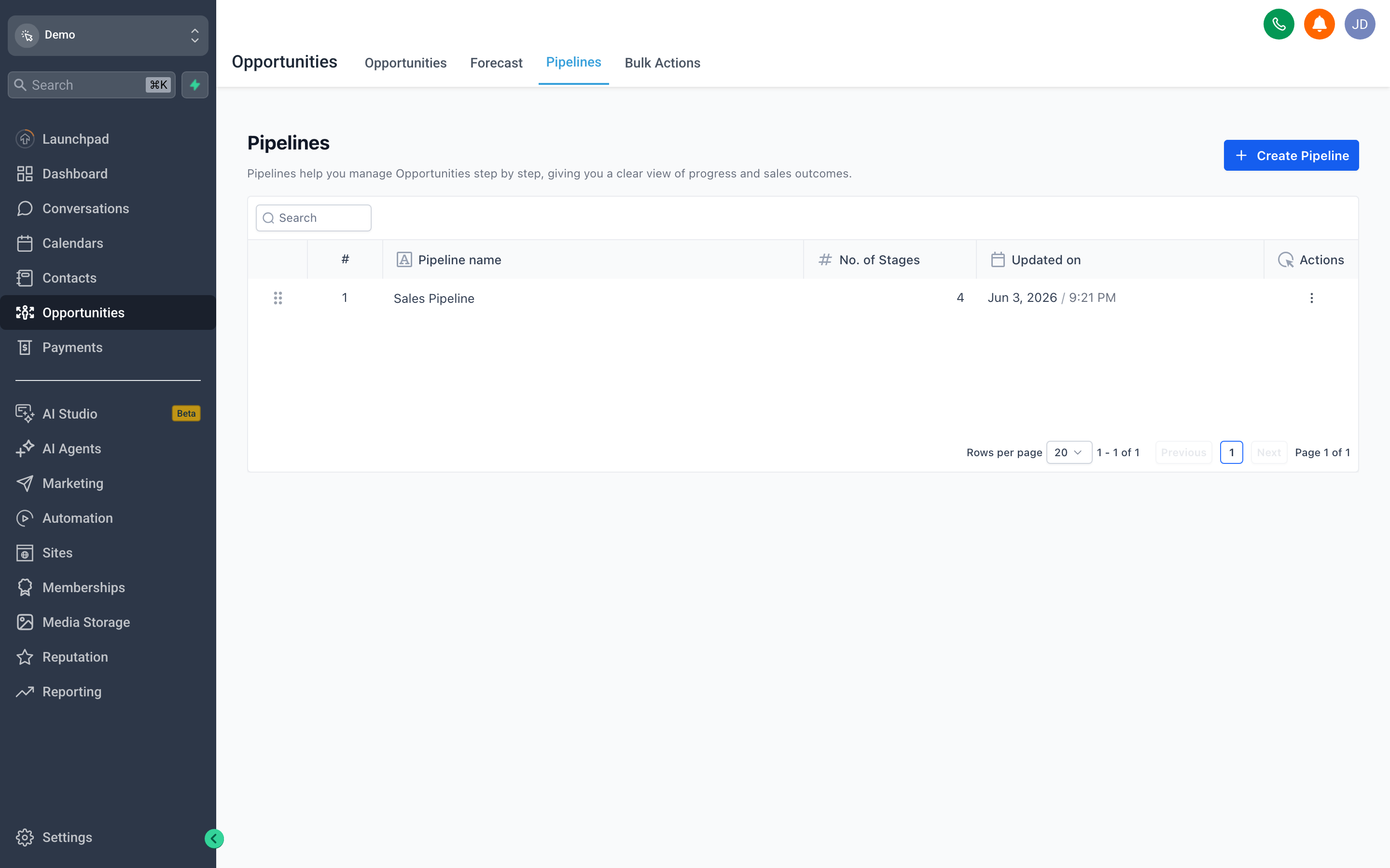 The SomeWhiteLabel.com pipeline settings screen showing a list of pipelines and their editable stage names