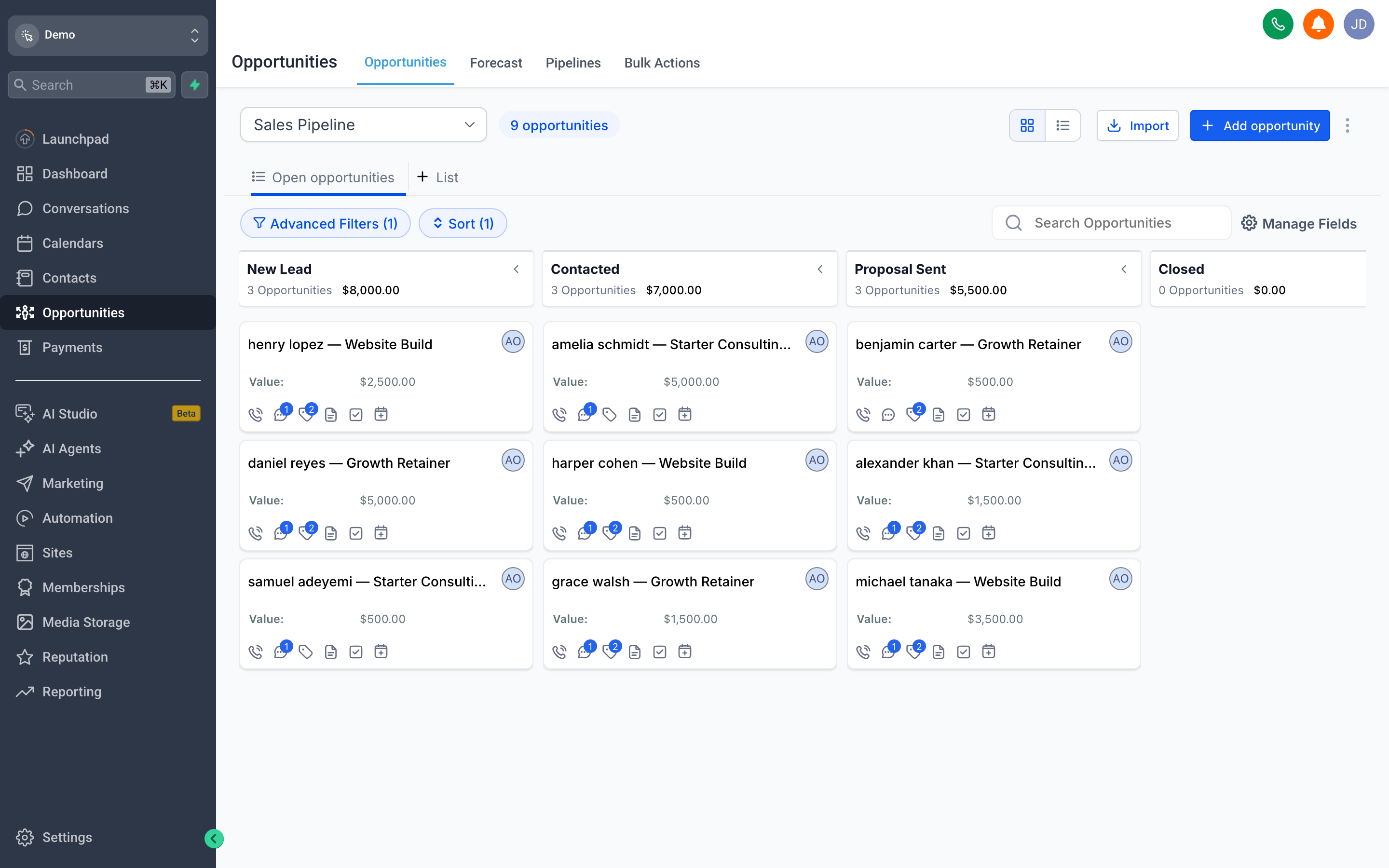 The SomeWhiteLabel.com Opportunities screen showing a Kanban pipeline board with deal cards in stage columns