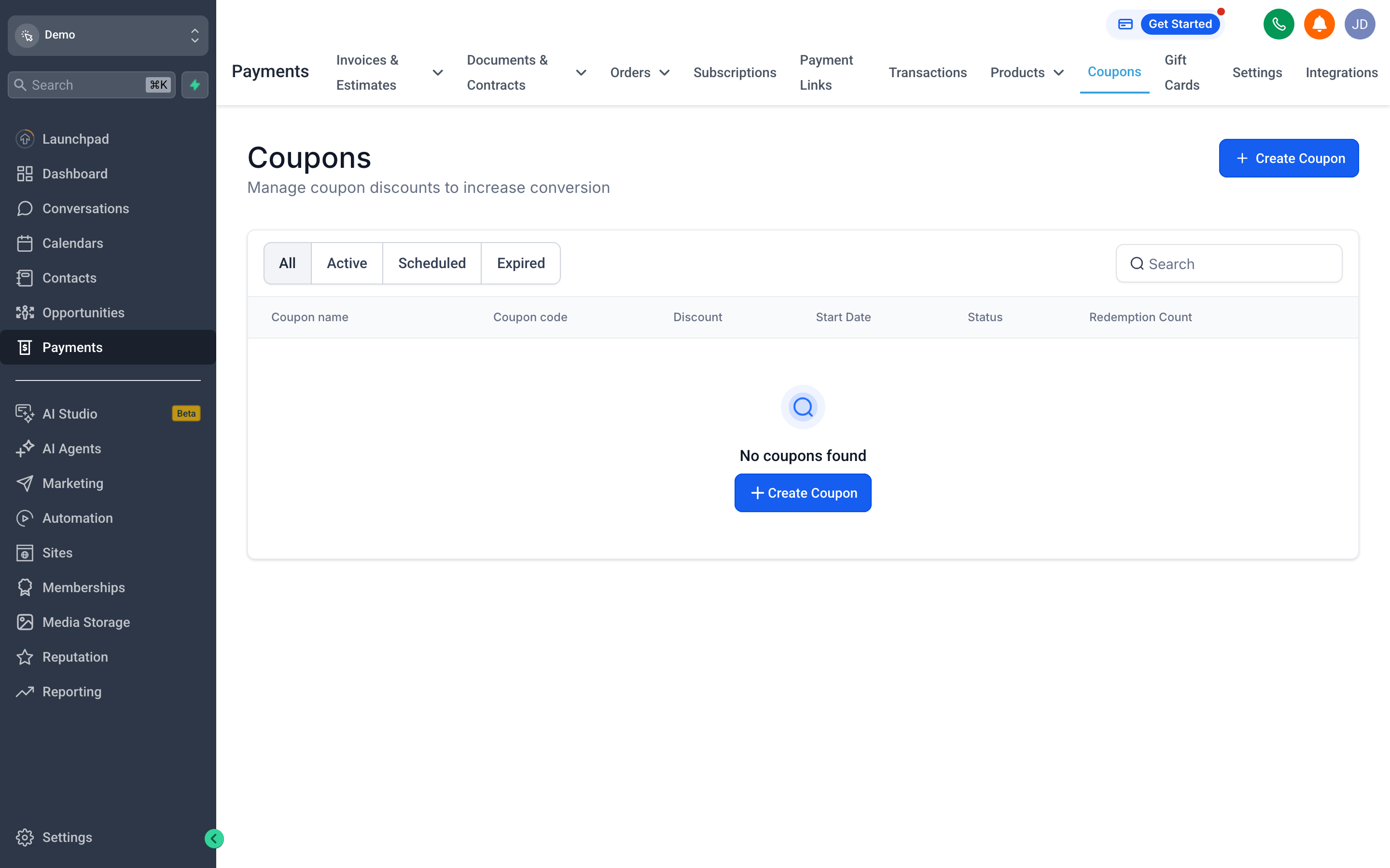 Coupons & Gift Cards in {{brandName}} — Offer discounts across your checkouts, funnels, and invoices — fixed amount or percentage off — and track active, scheduled, and expired offers.