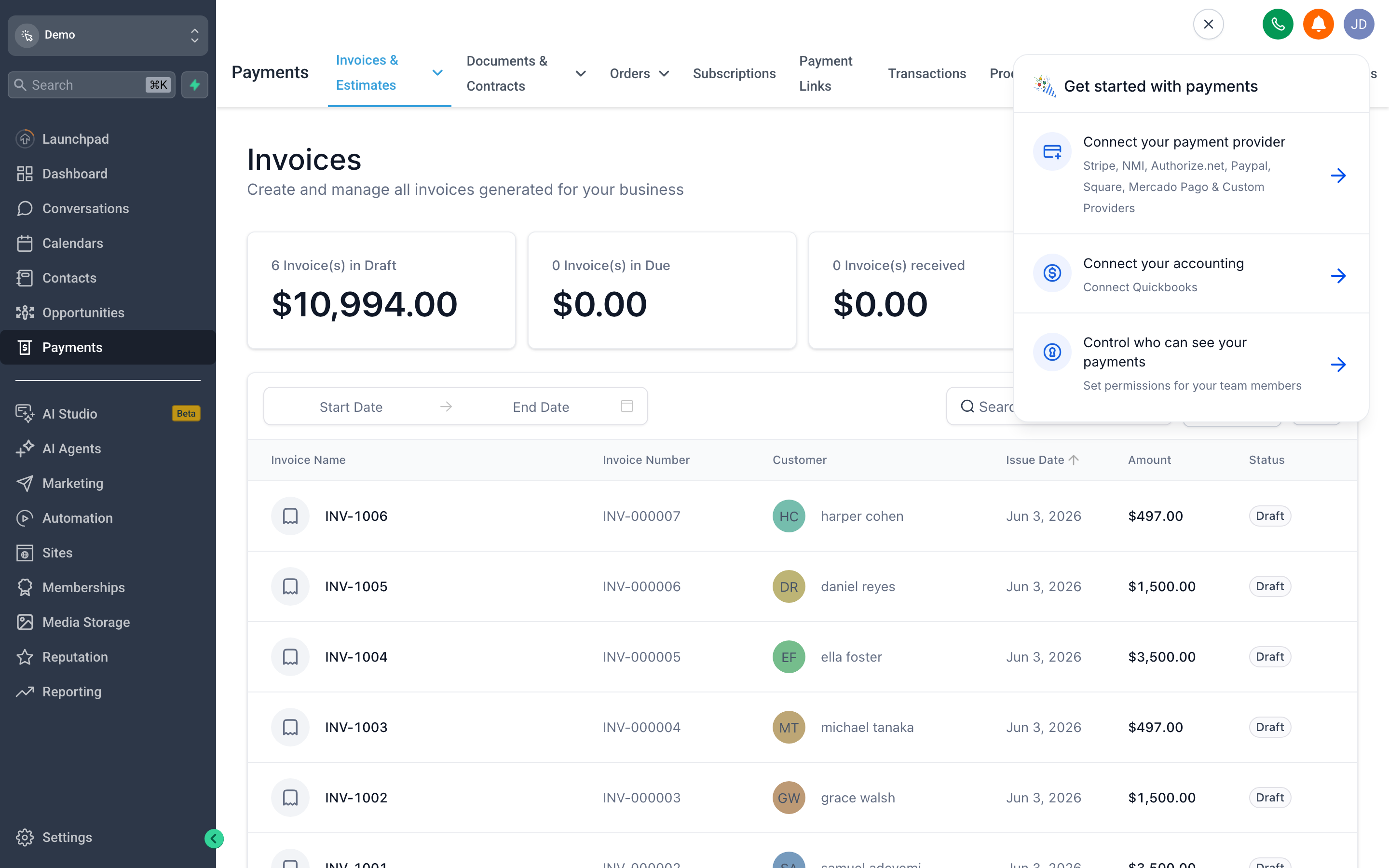 The Payments overview screen showing the Invoices tab with a list of draft, sent, and paid invoices