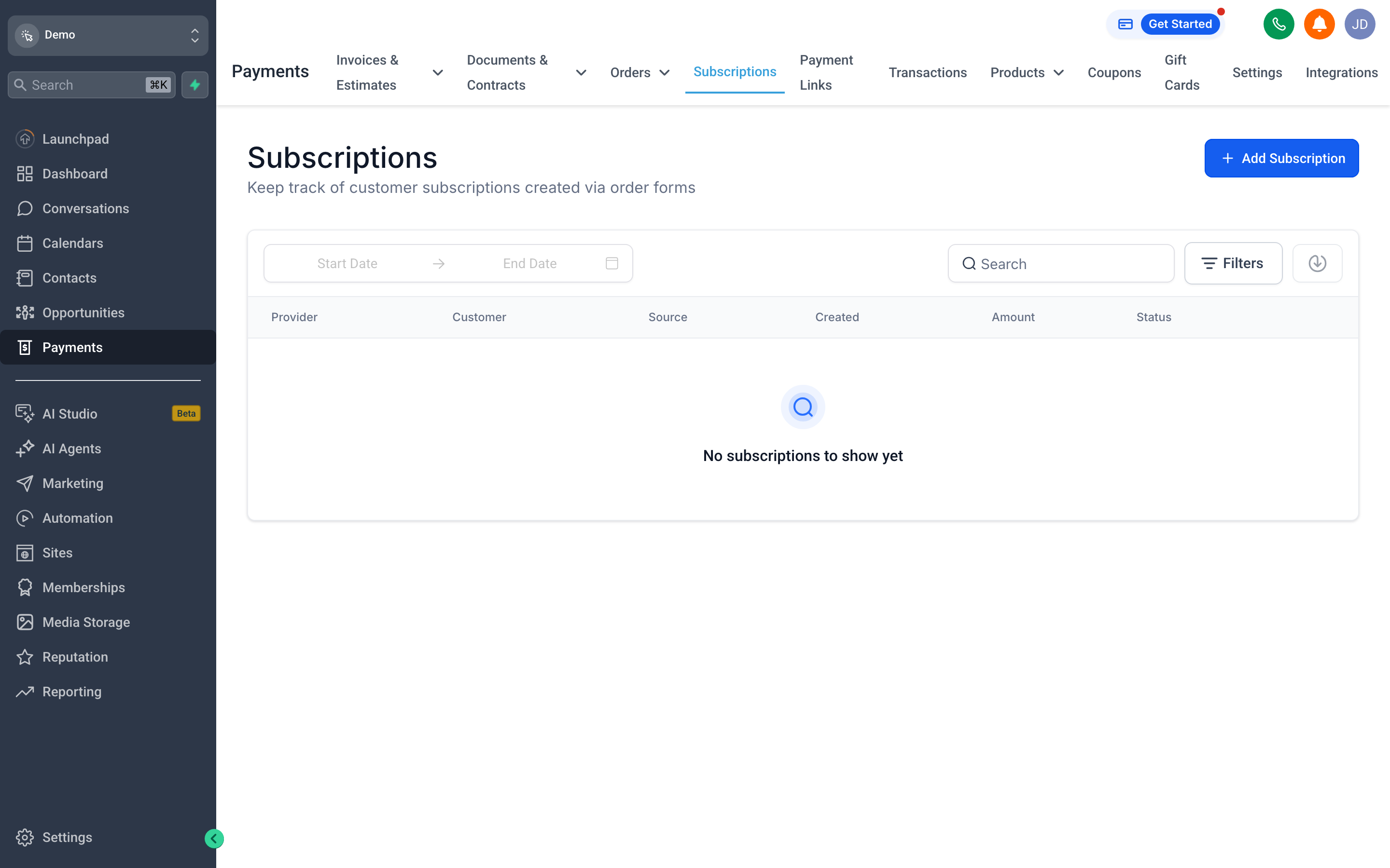 The Subscriptions tab showing a list of active recurring billing plans with renewal dates