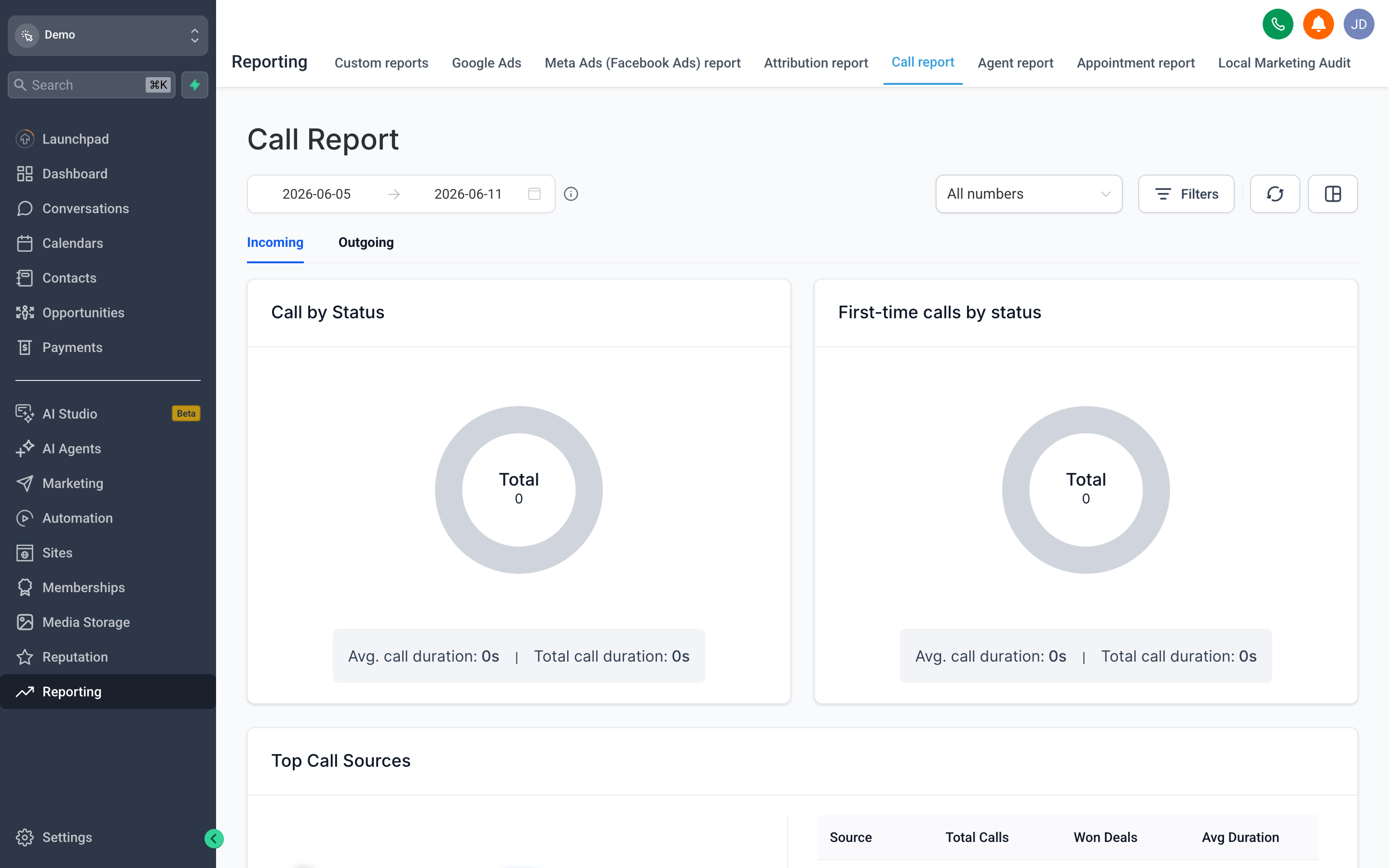The Call Reporting view showing a summary of total calls, answered vs. missed, average call duration, and a log of recent calls with contact name, phone number, duration, and recording links