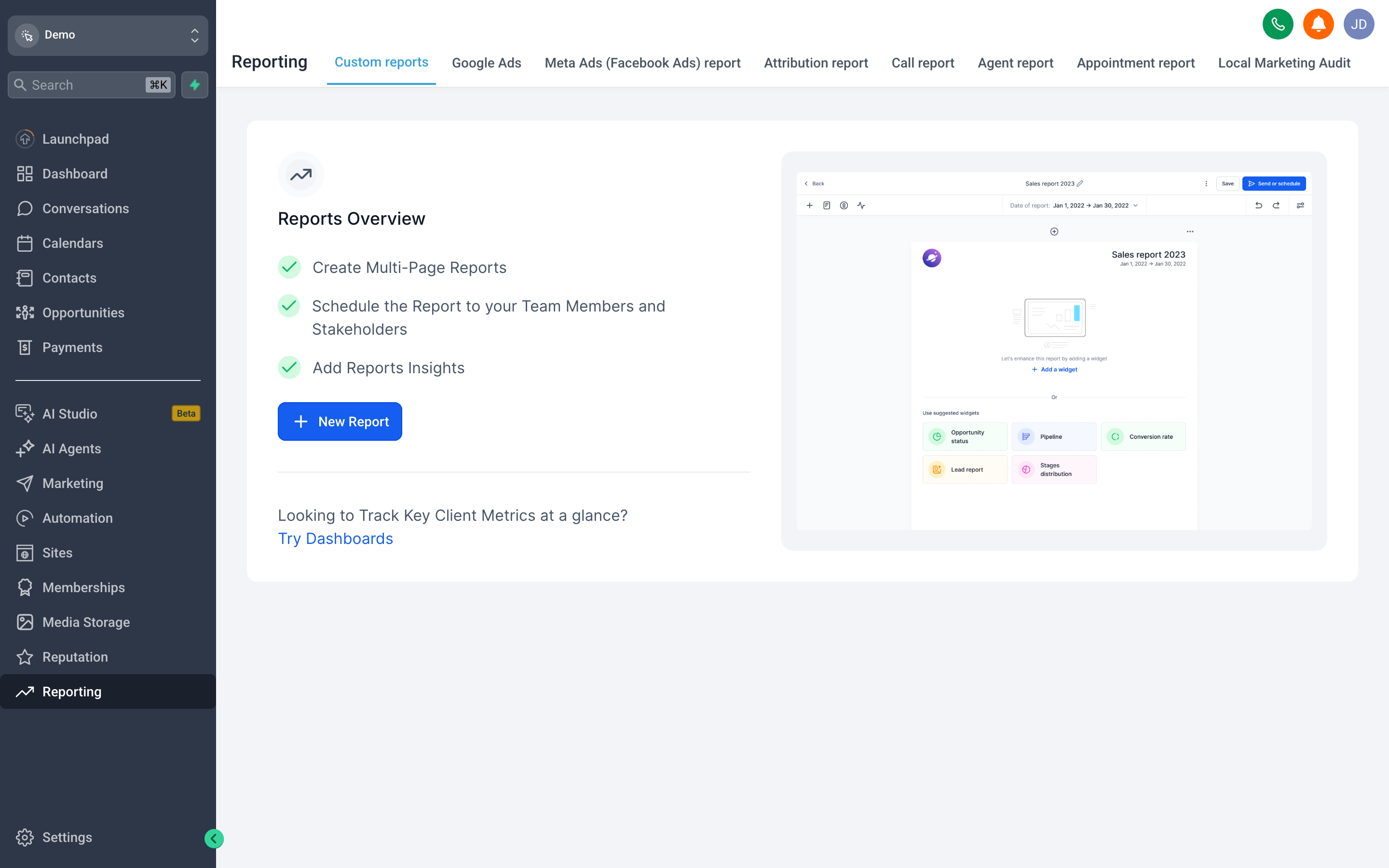 The Reporting hub overview showing summary cards for appointments, pipeline revenue, and conversion rate, with a date range selector and navigation tabs for different report types