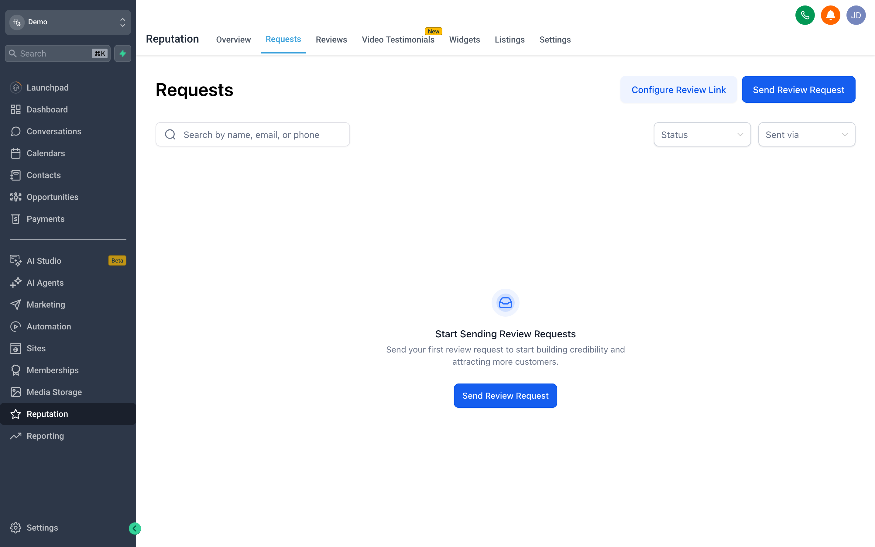 The SomeWhiteLabel.com Reputation review requests screen showing a contact search field, SMS and email channel options, and a send button