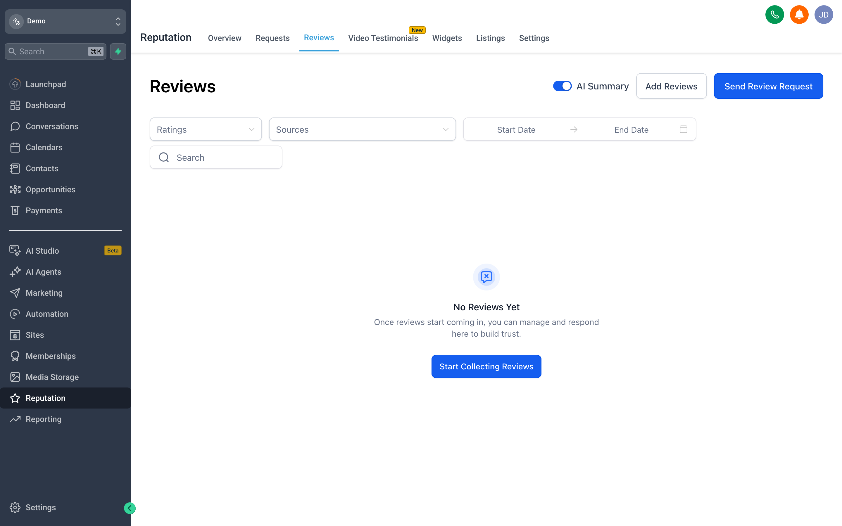 The SomeWhiteLabel.com Reputation reviews screen showing a list of incoming reviews with star ratings, review text, and reply fields