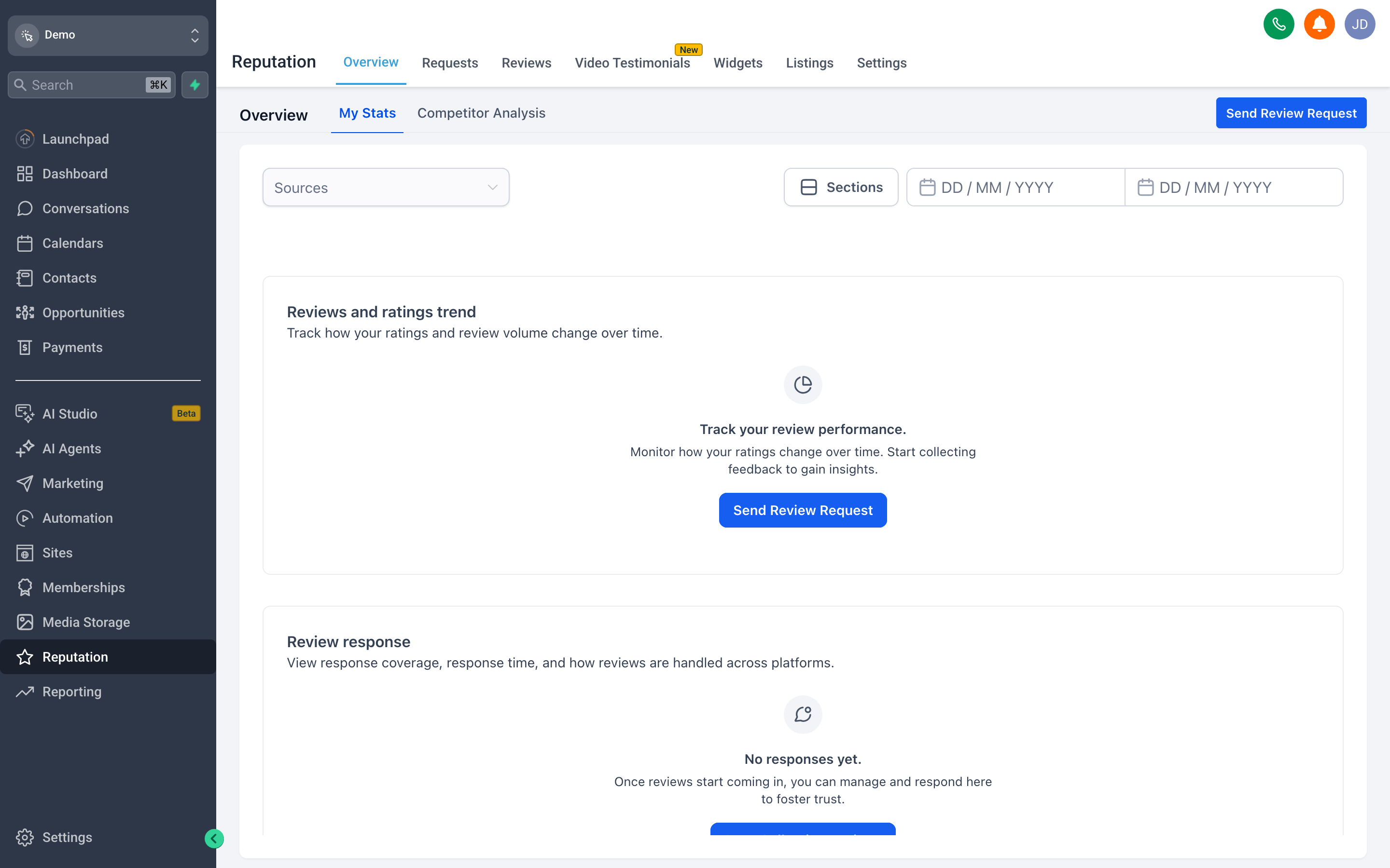The SomeWhiteLabel.com Reputation overview dashboard showing overall star rating, total review count, and a breakdown by platform