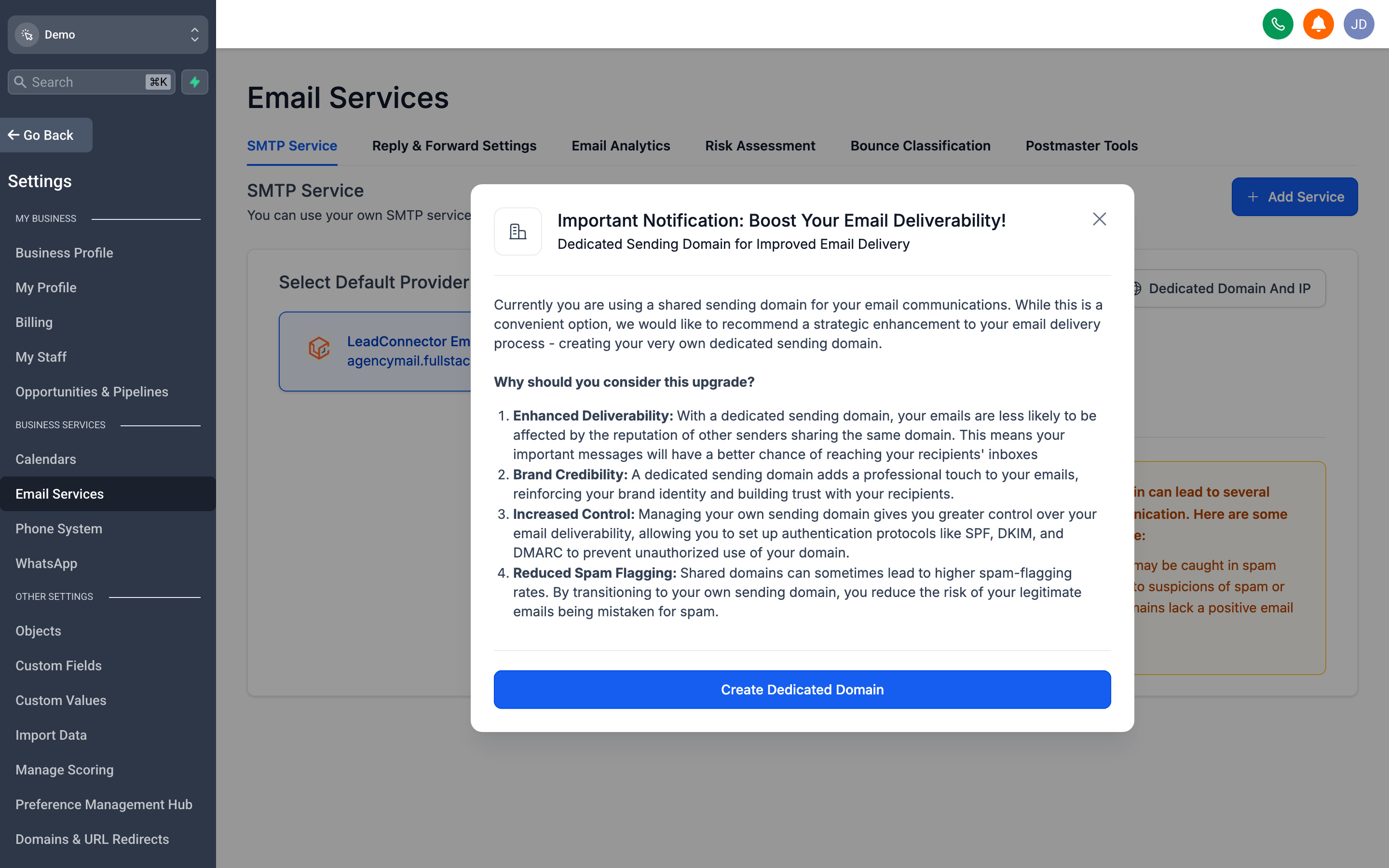 The Email Settings page showing a connected sending domain, DKIM verification status, and SMTP configuration options
