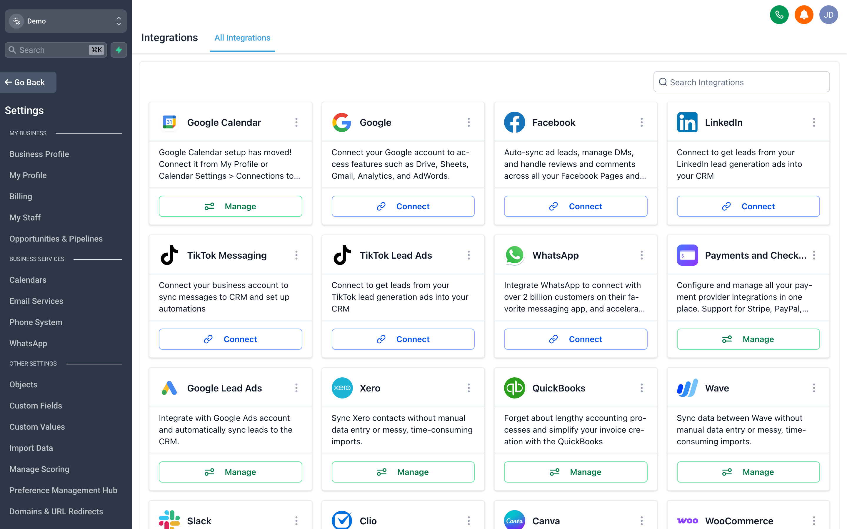 The Integrations settings page showing a grid of available app integrations with connection status indicators