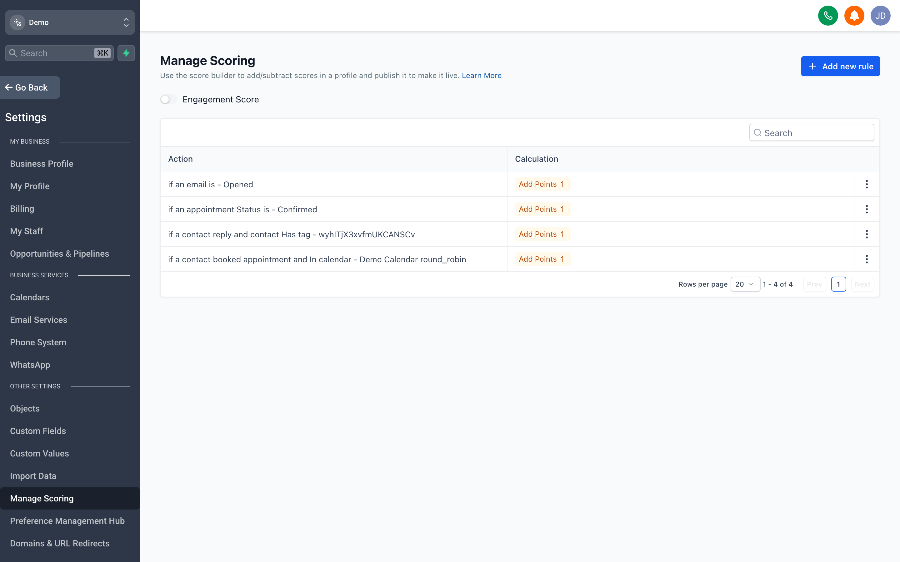 The Lead Scoring settings page showing scoring rules with point values assigned to contact actions and attributes