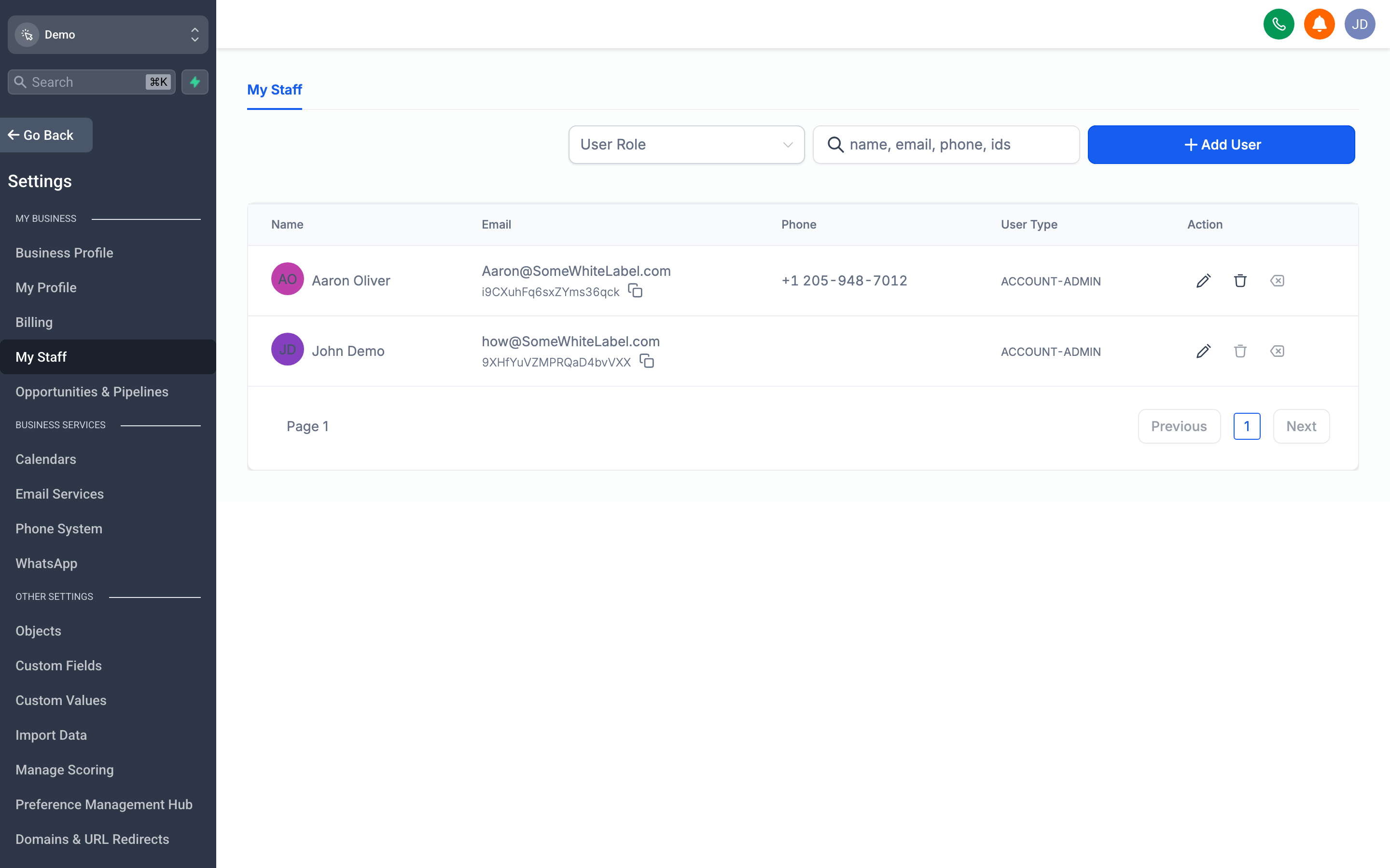 The My Staff page showing a list of team members with their names, email addresses, roles, and an Add Employee button