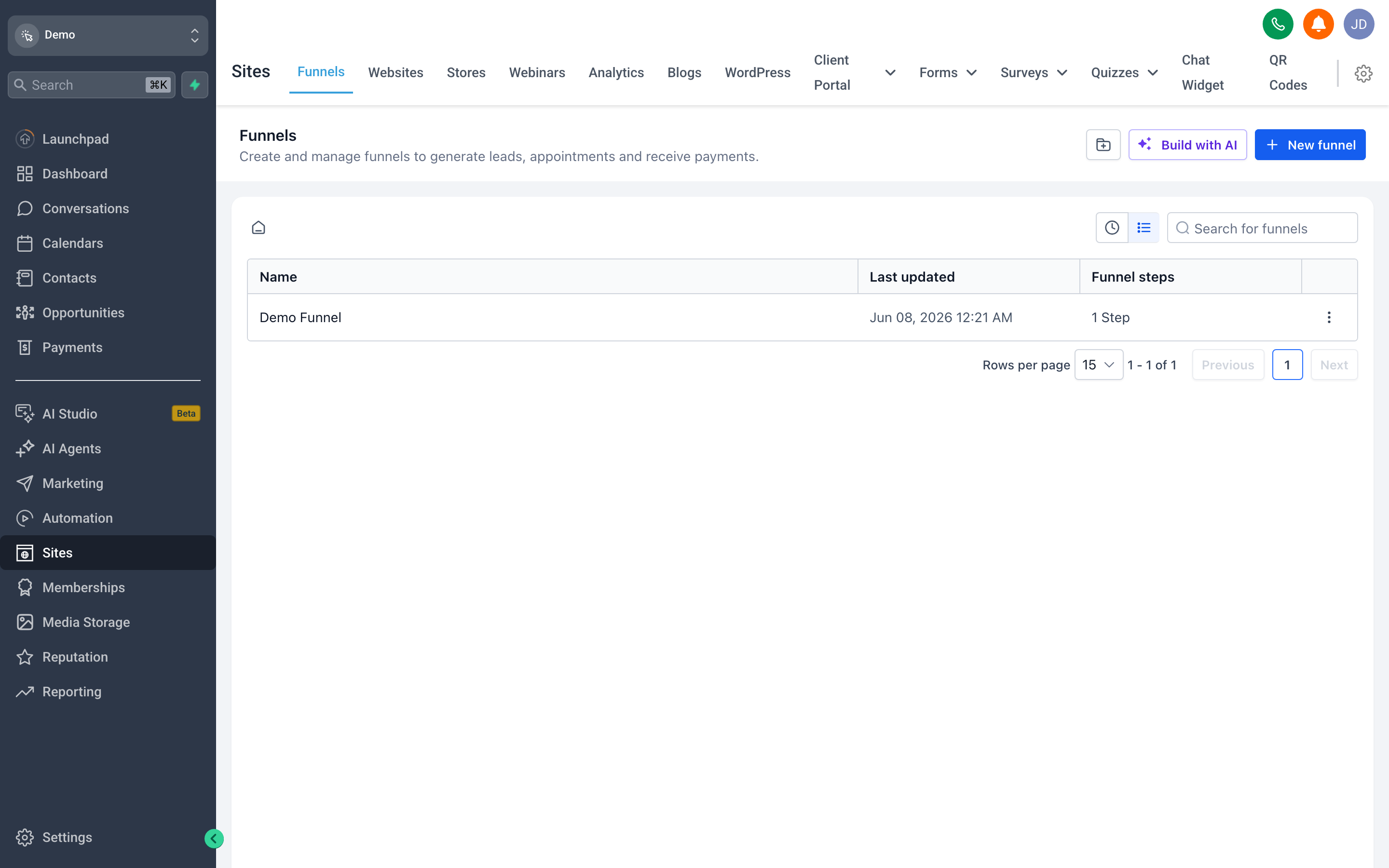 The Funnels list view showing multiple funnel entries with step counts, traffic stats, and options to edit or preview each