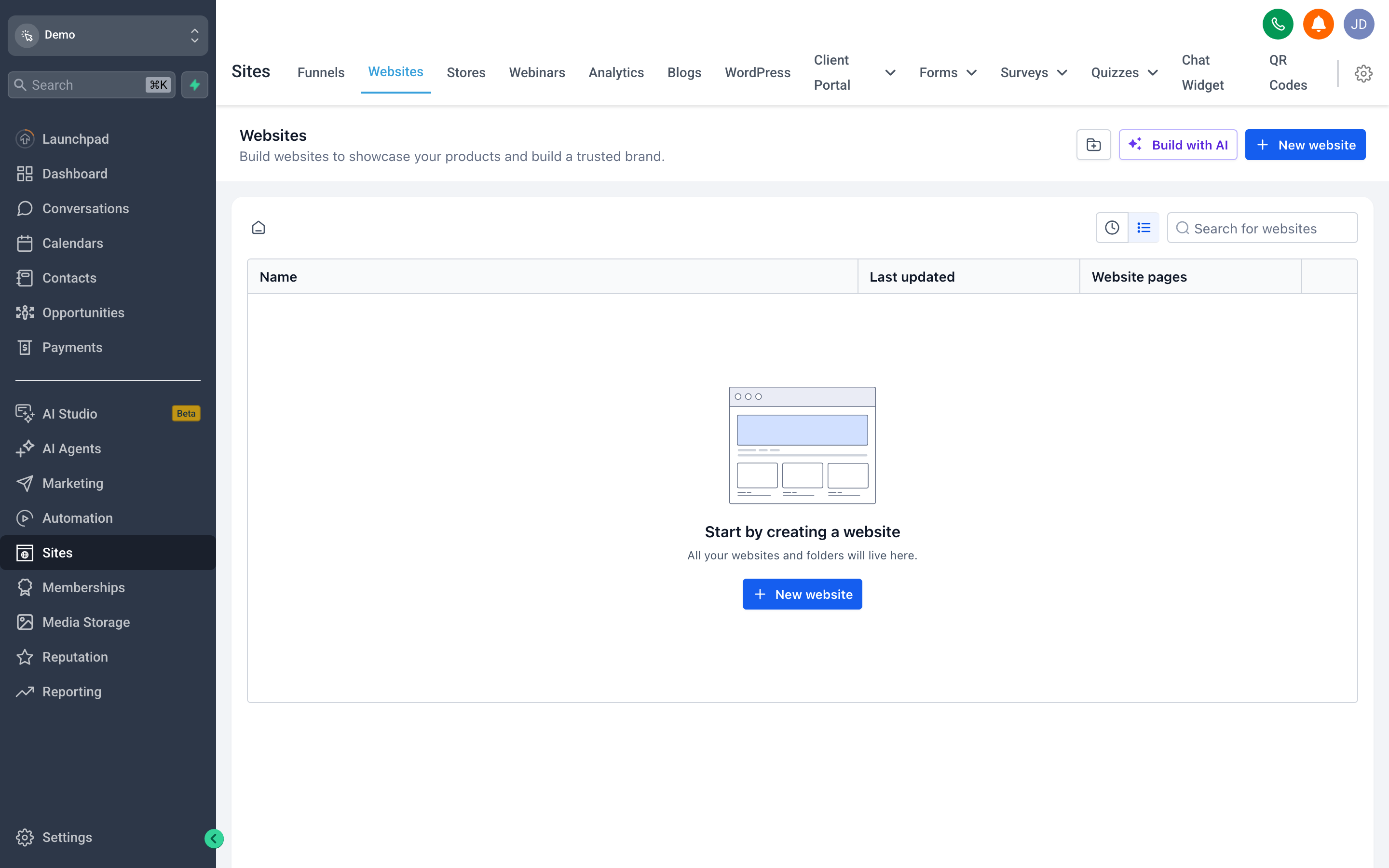 The Websites builder showing a multi-page website with navigation, hero section, and page management sidebar