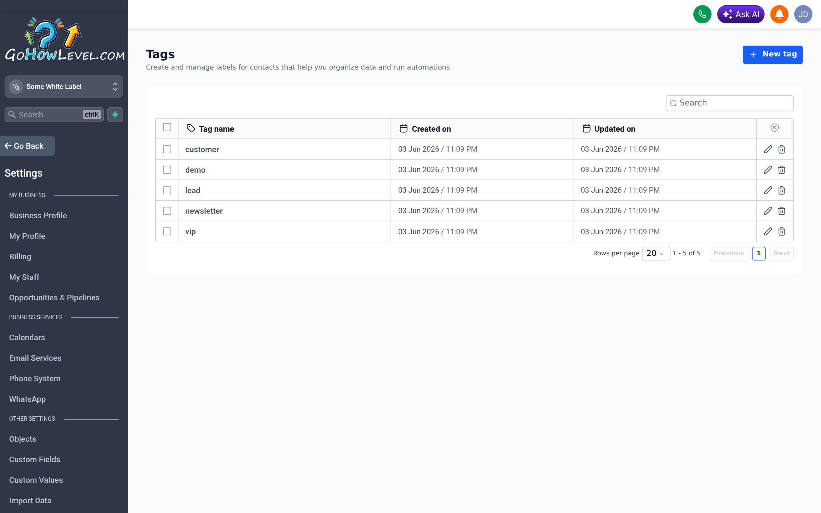 The Tags screen in Settings listing contact tags with rename and delete actions and a New Tag button