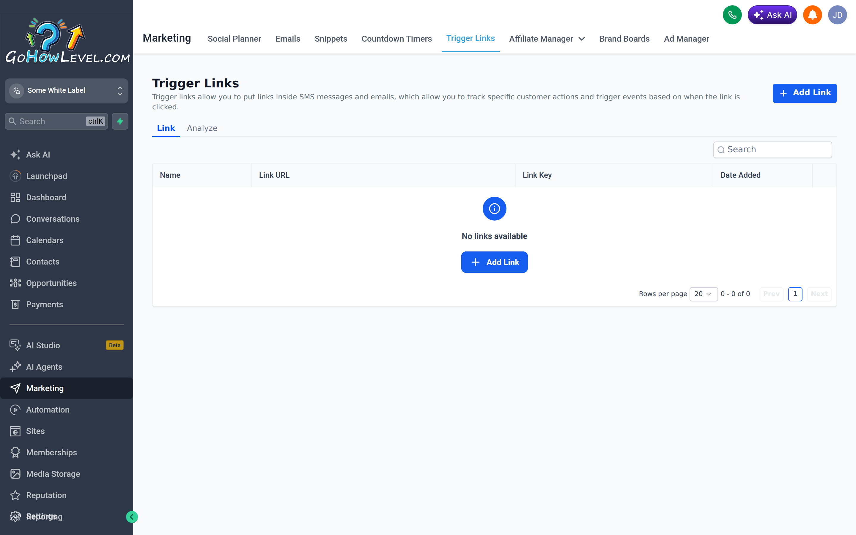 The Trigger Links screen in Marketing for creating trackable links